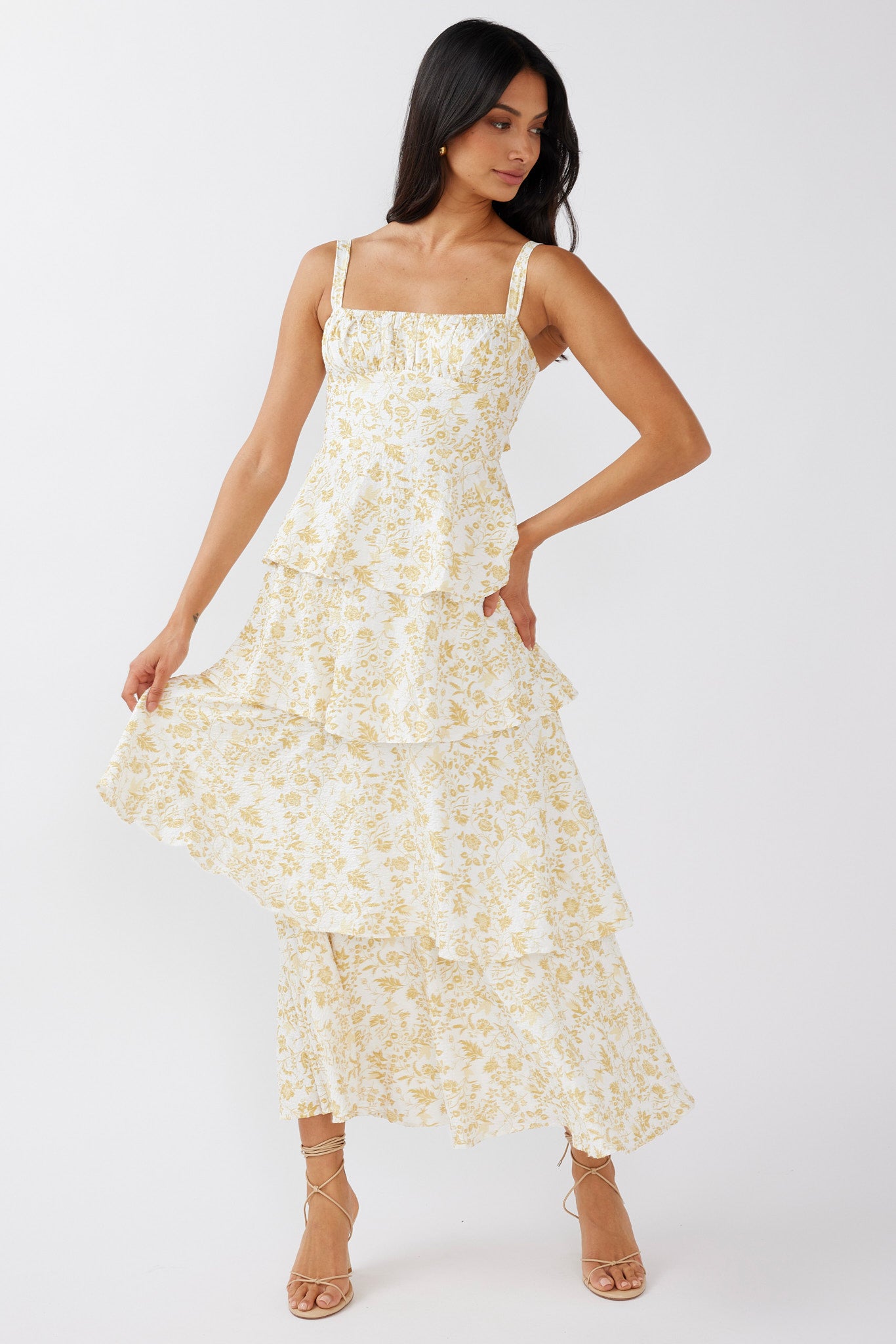 Provence Bloom Tiered Midi Dress Floral Yellow by Selfie Leslie