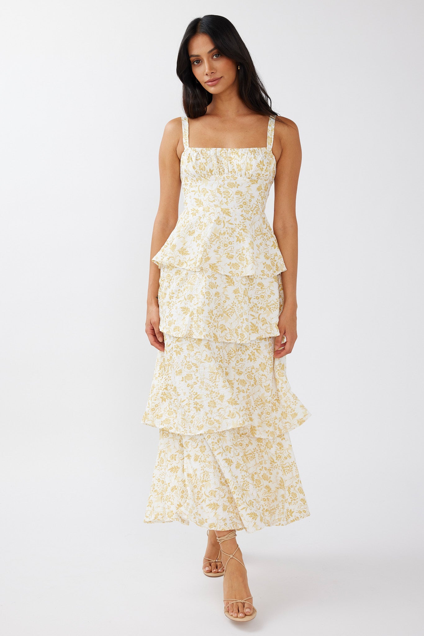 Shop the Provence Bloom Tiered Midi Dress Floral Yellow | Selfie Leslie