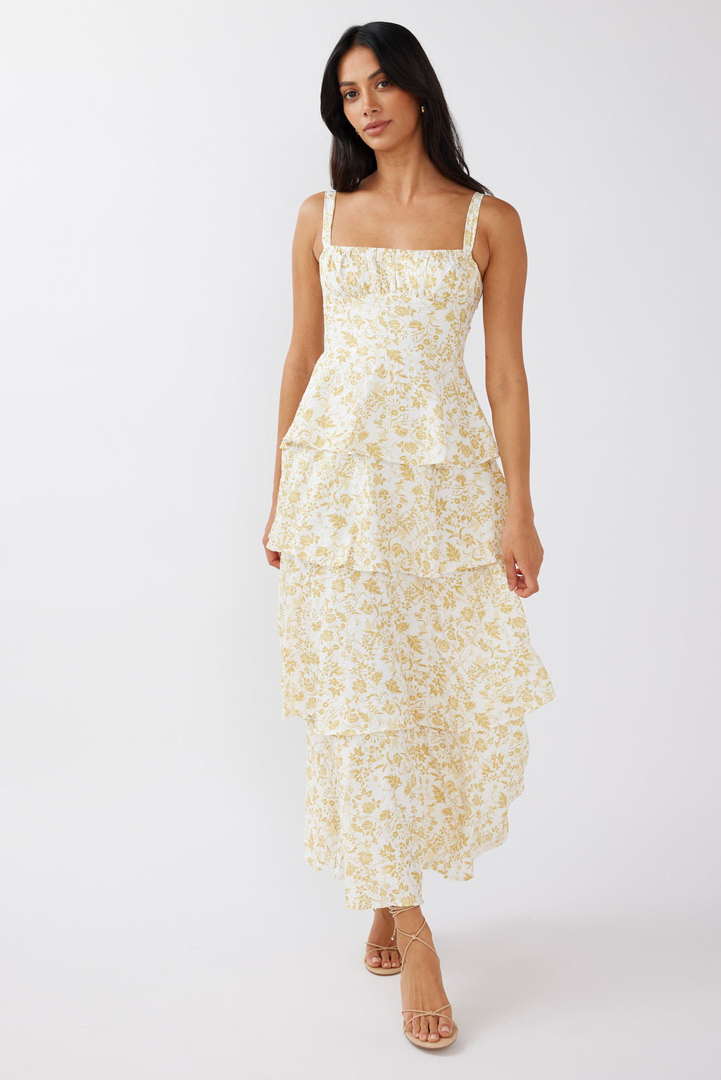 Provence Bloom Tiered Midi Dress Floral Yellow by Selfie Leslie
