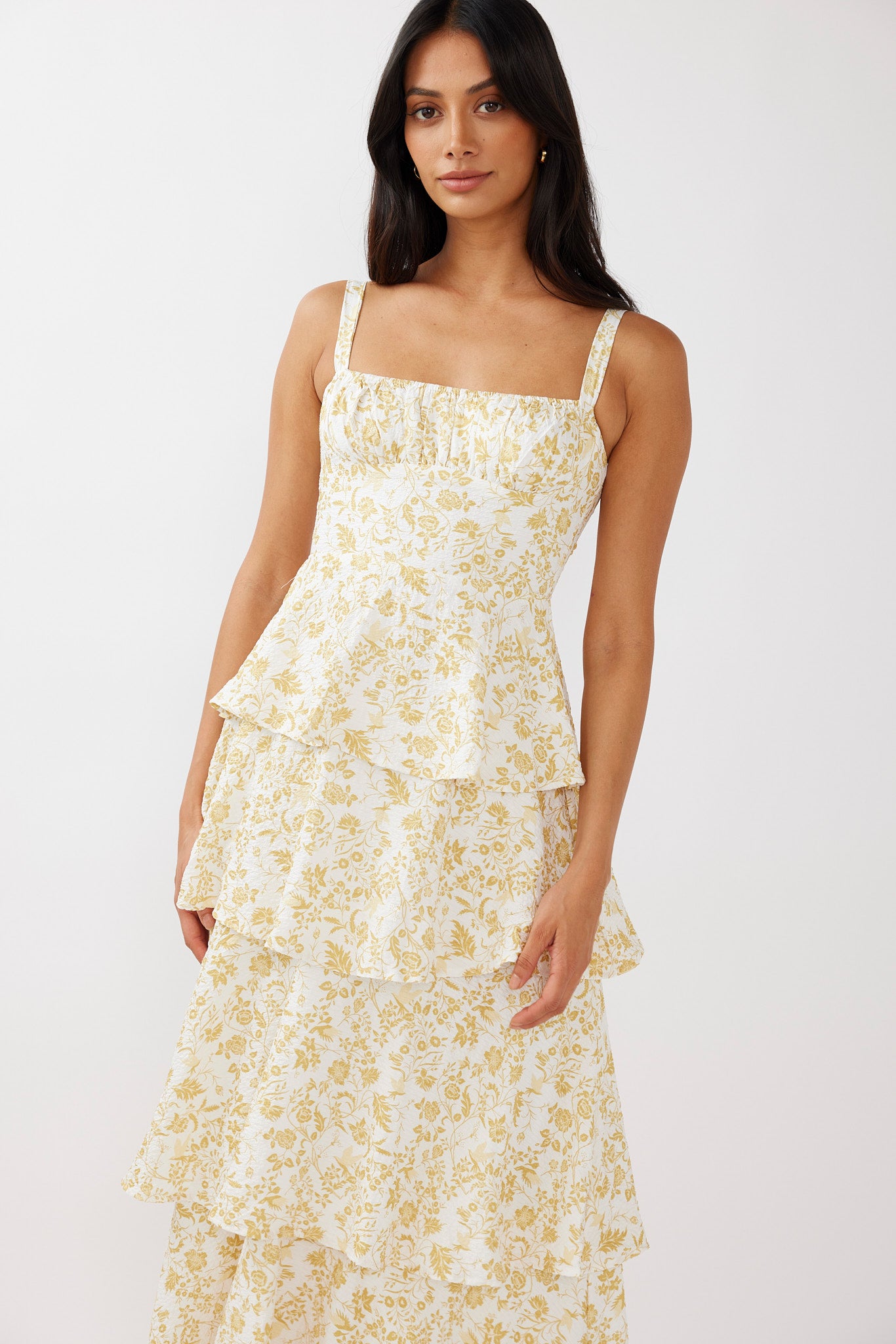 Provence Bloom Tiered Midi Dress Floral Yellow by Selfie Leslie
