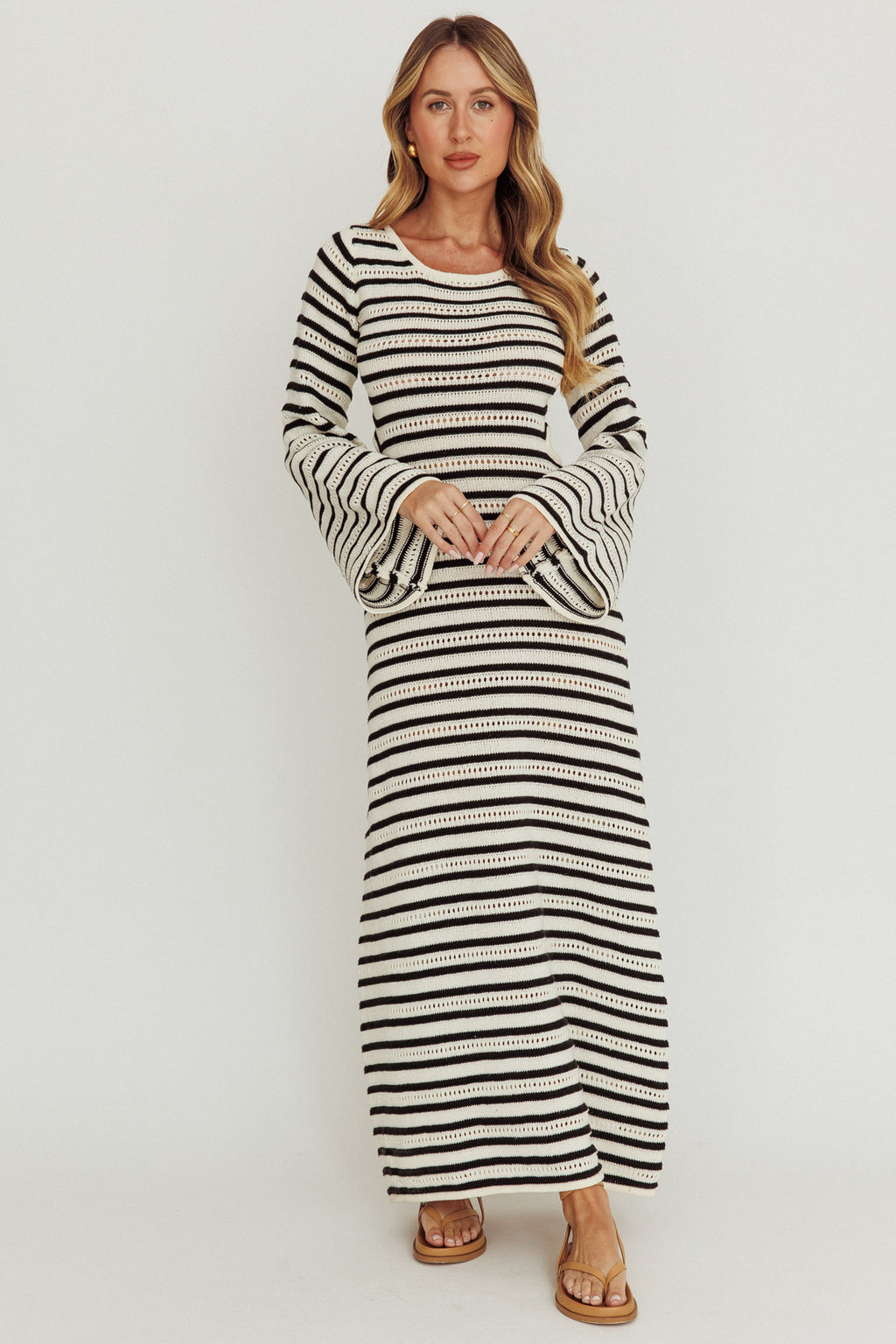 Meredith Long Sleeve Cut-Out Maxi Dress Cream Black by Selfie Leslie