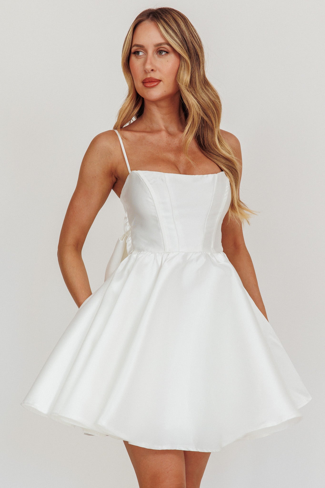 white formal mini dress Athens Flared Bow Mini Dress White