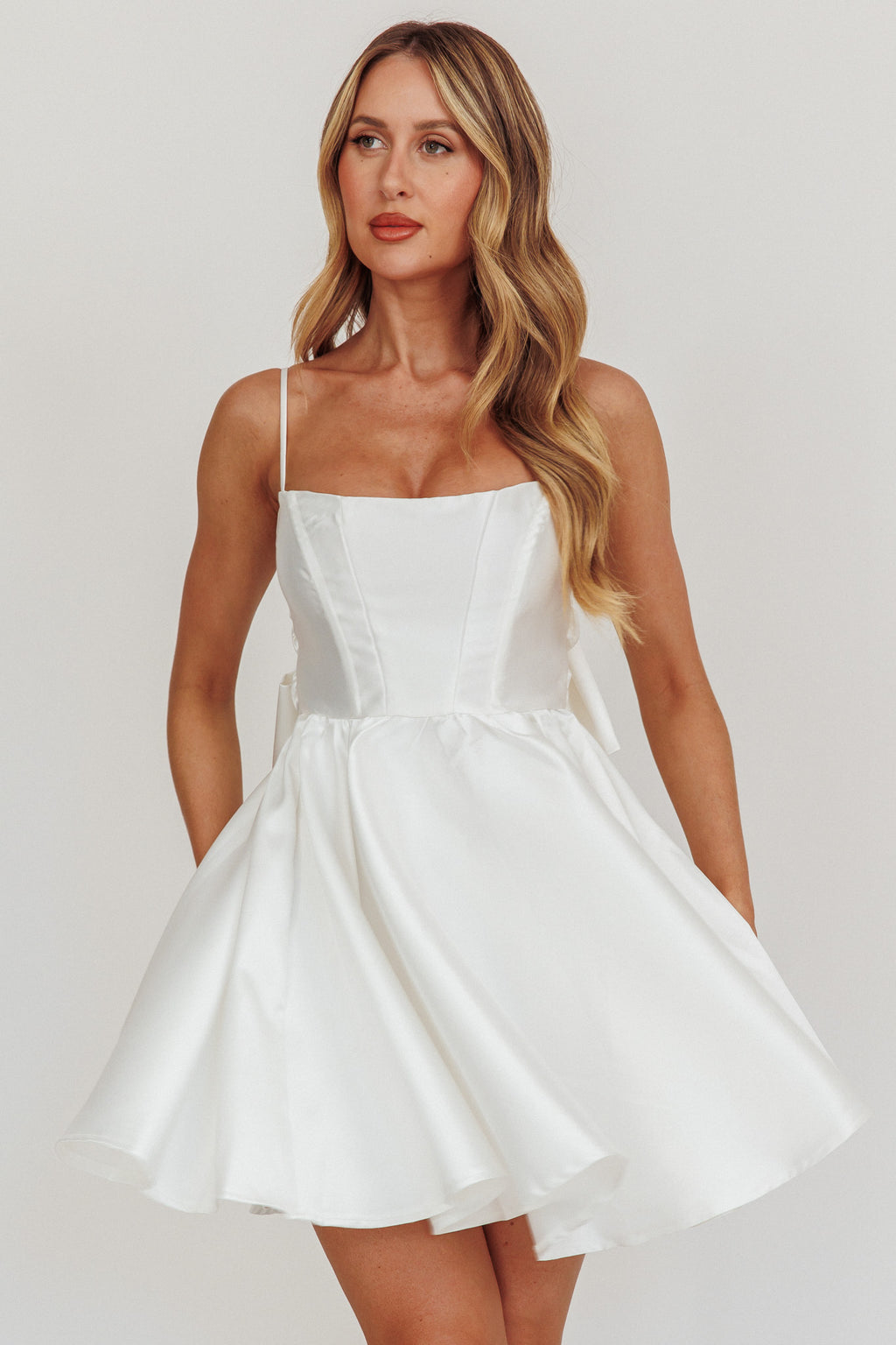 Athens Flared Bow Mini Dress White by Selfie Leslie