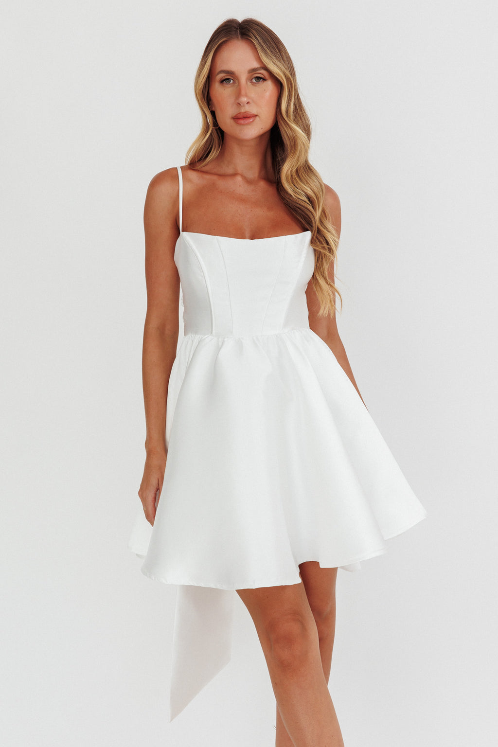 Athens Flared Bow Mini Dress White by Selfie Leslie