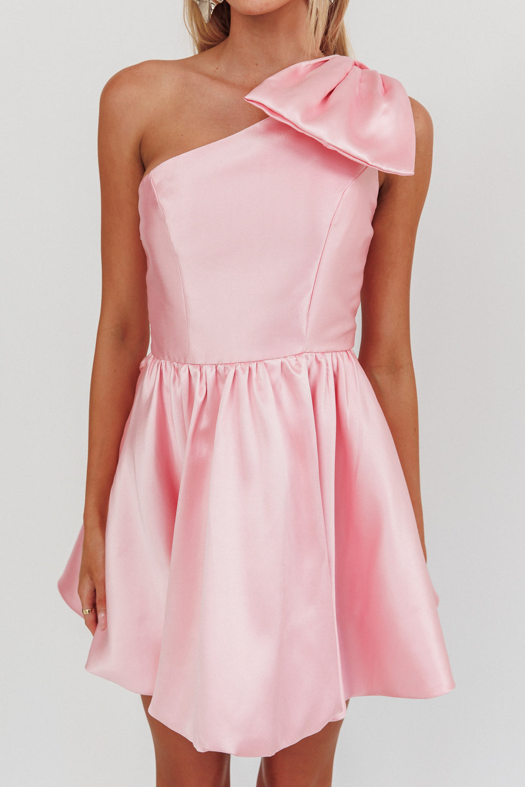 Athens Shoulder Bow Bubble Hem Mini Dress Blush by Selfie Leslie