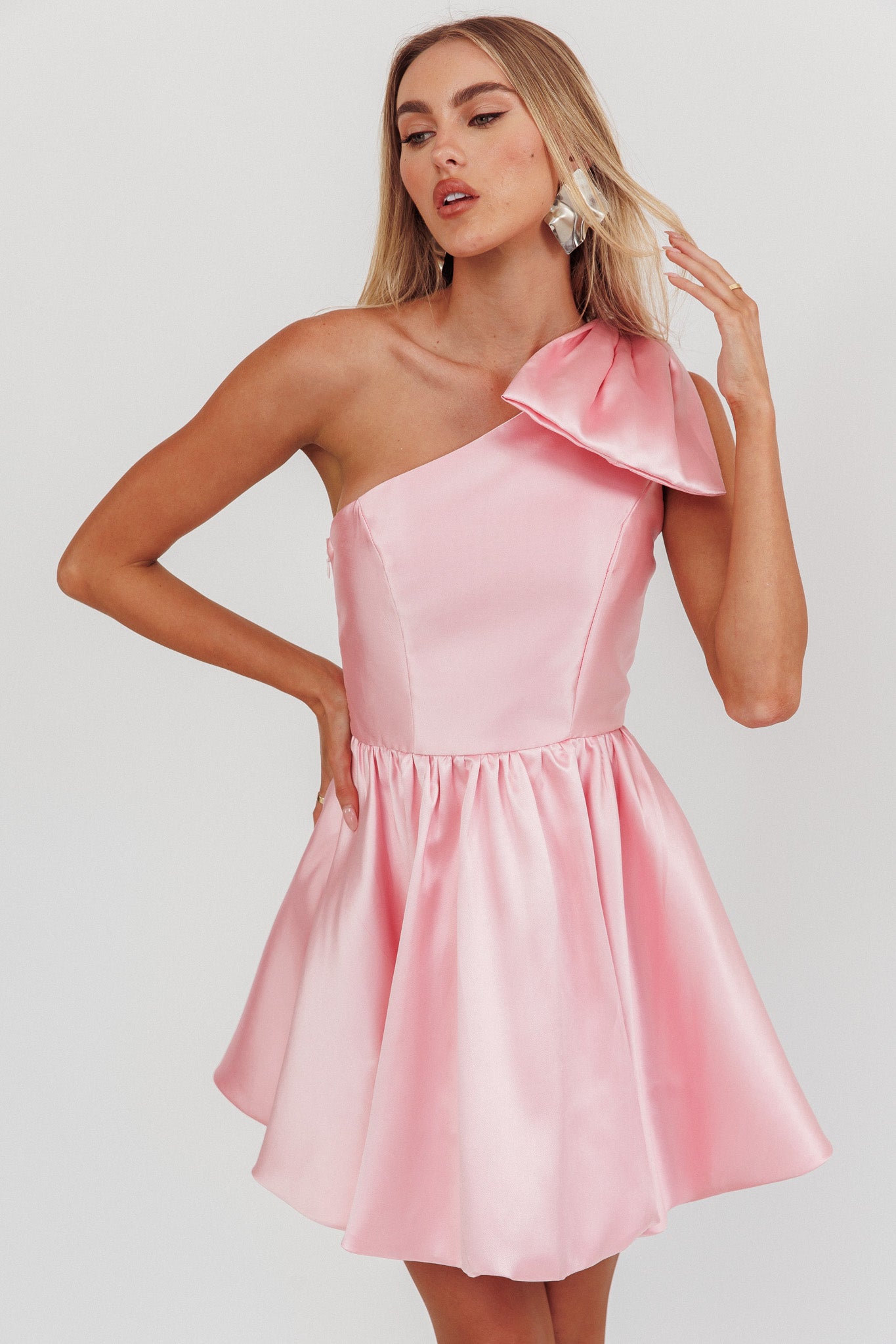 Athens Shoulder Bow Bubble Hem Mini Dress Blush by Selfie Leslie