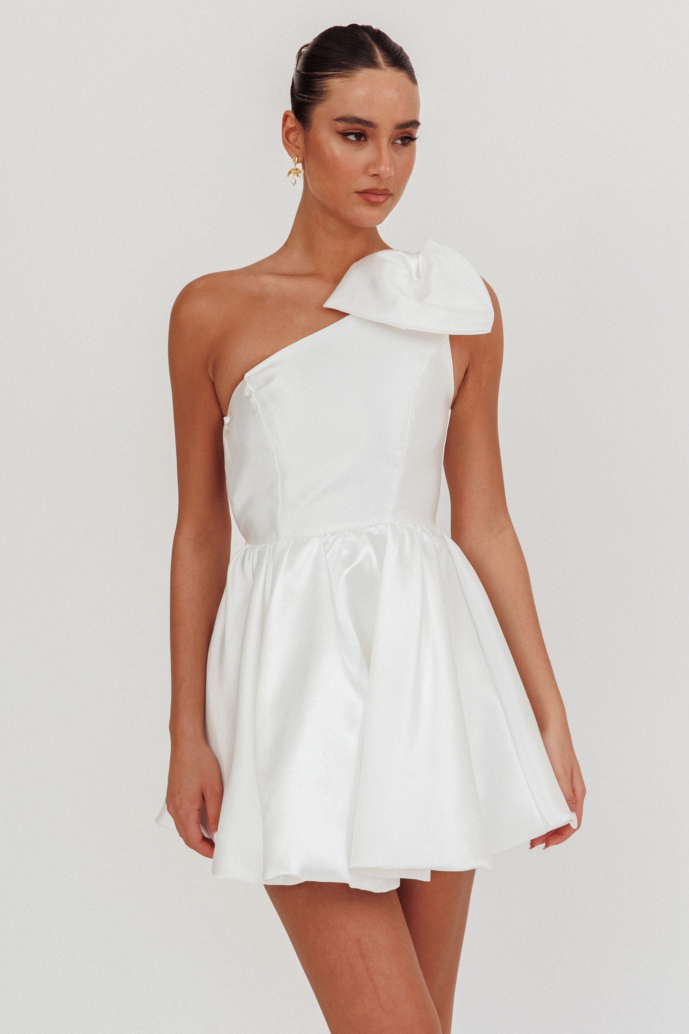Shop the Athens Shoulder Bow Bubble Hem Mini Dress Off White
