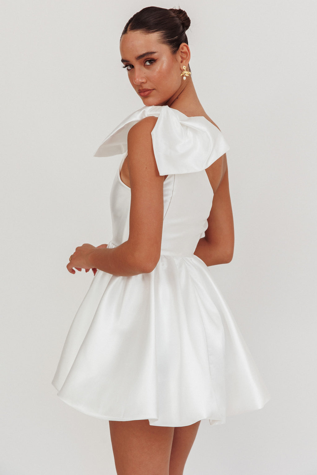 Athens Shoulder Bow Bubble Hem Mini Dress Off White by Selfie Leslie