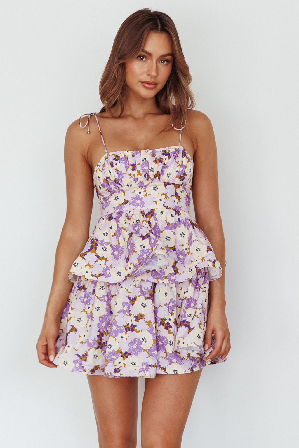 Dodi Tied Shoulder Layered Mini Dress Floral Purple by Selfie Leslie