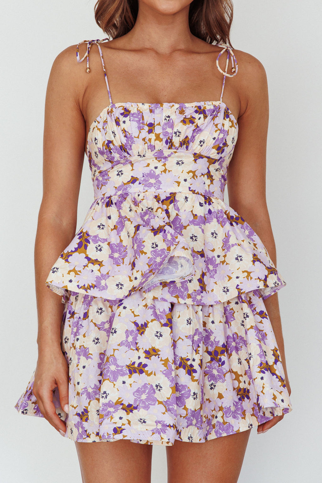 Dodi Tied Shoulder Layered Mini Dress Floral Purple by Selfie Leslie