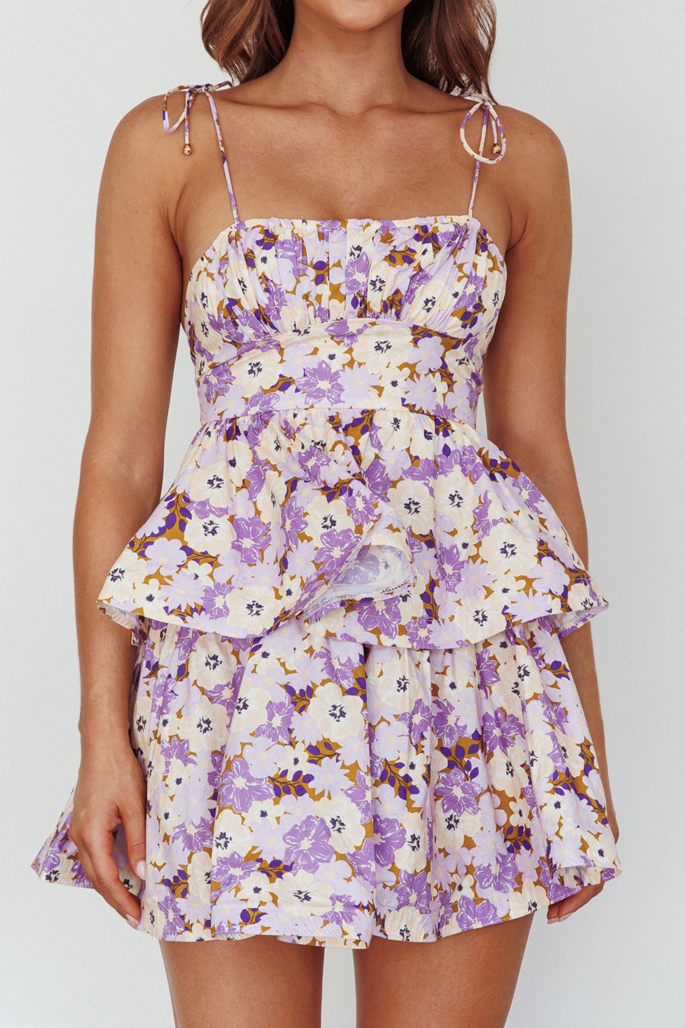 Dodi Tied Shoulder Layered Mini Dress Floral Purple by Selfie Leslie