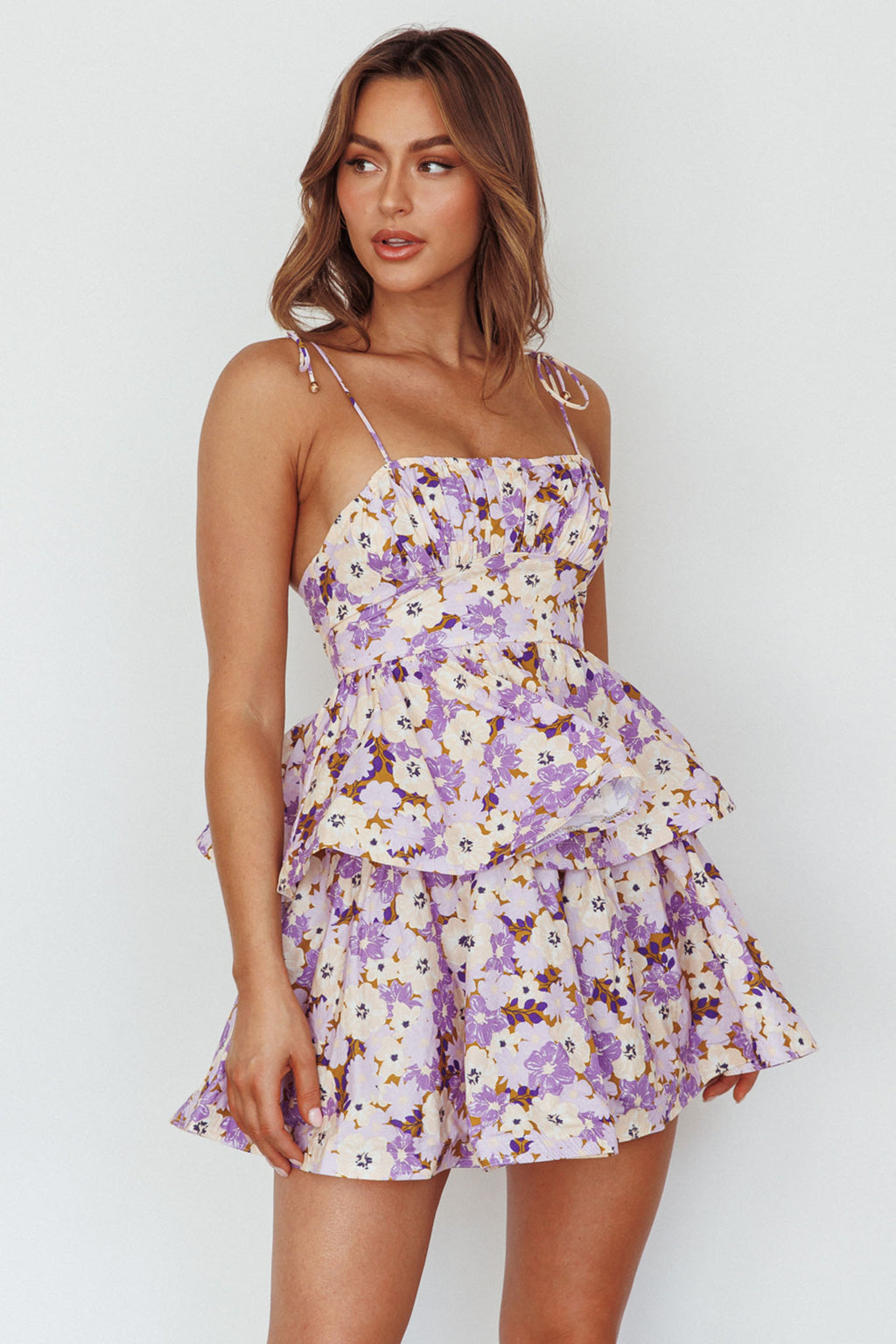 Dodi Tied Shoulder Layered Mini Dress Floral Purple by Selfie Leslie