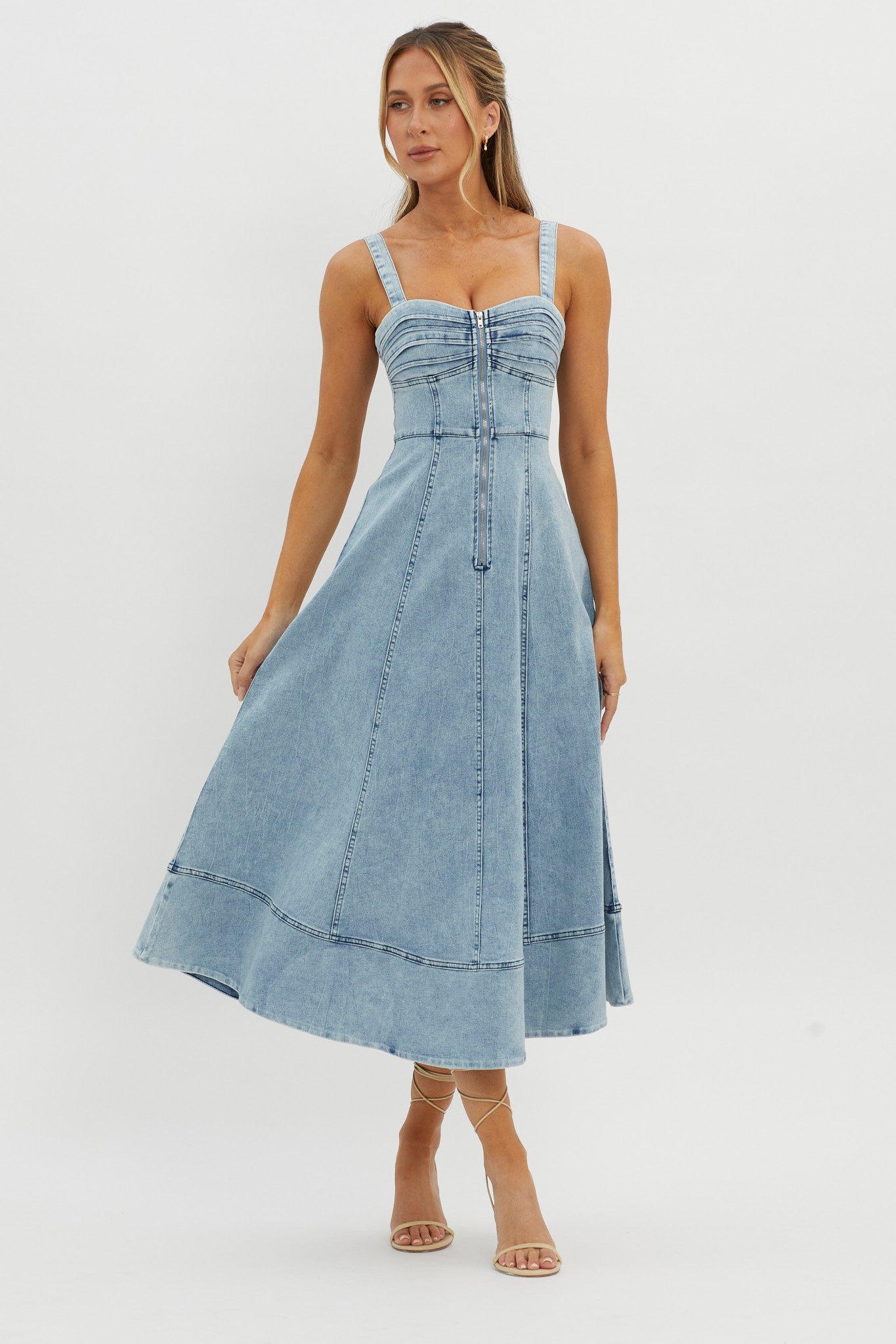 Emilio Pleated Bust A-Line Midi Dress Denim Blue– Selfie Leslie