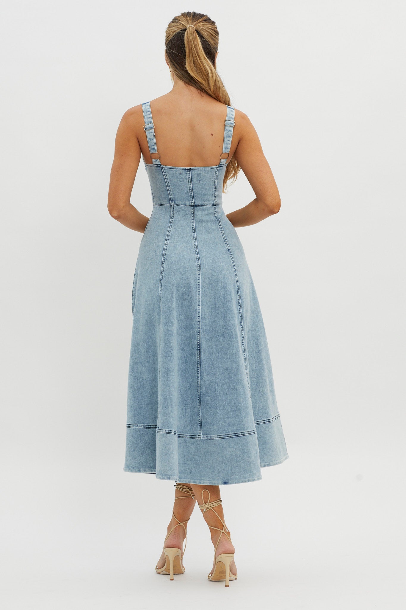 Emilio Pleated Bust A-Line Midi Dress Denim Blue Selfie Leslie Emilio Pleated Bust A-Line Midi Dress Denim Blue Selfie Leslie