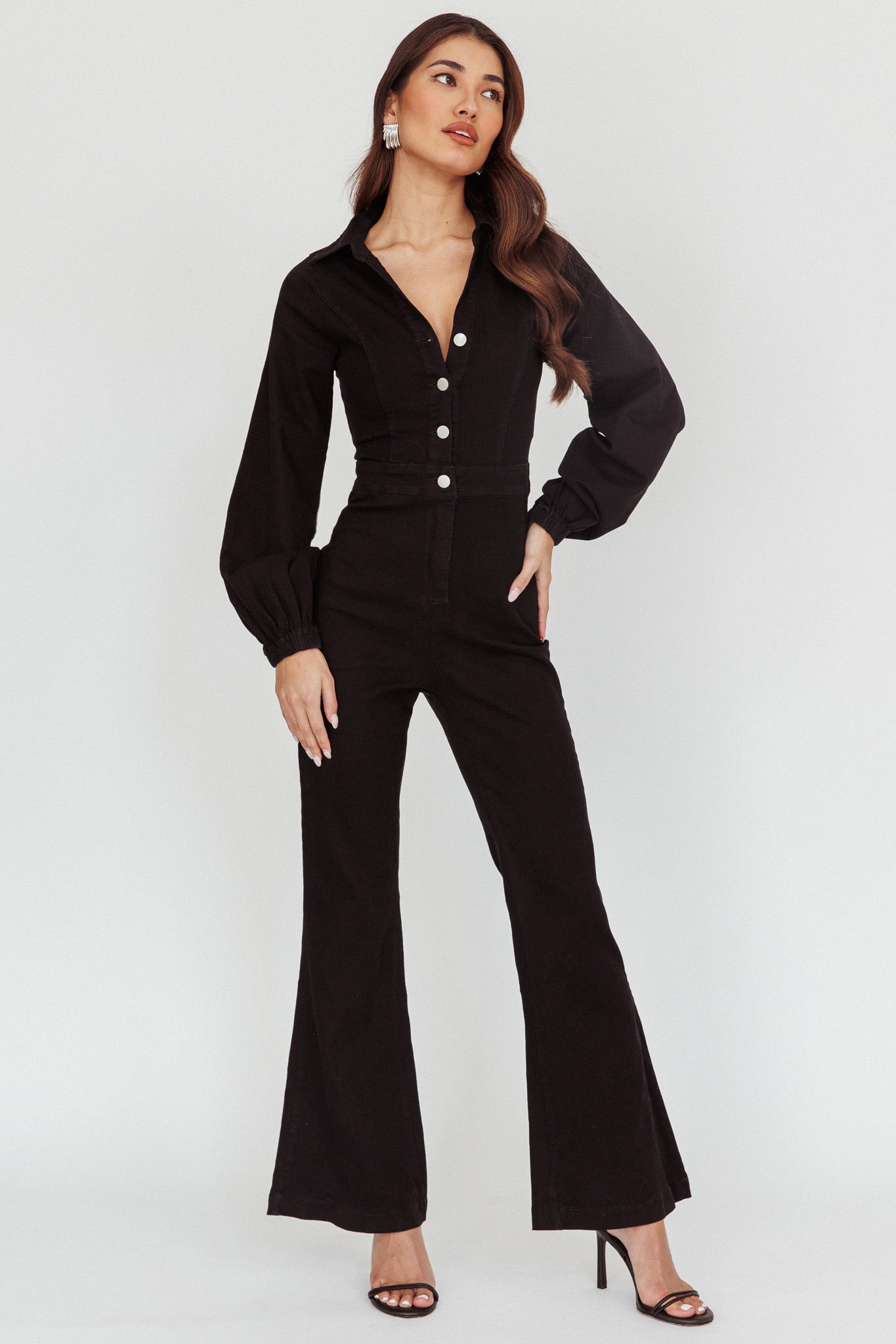 Emilio Long Sleeve Jumpsuit Denim Black– Selfie Leslie