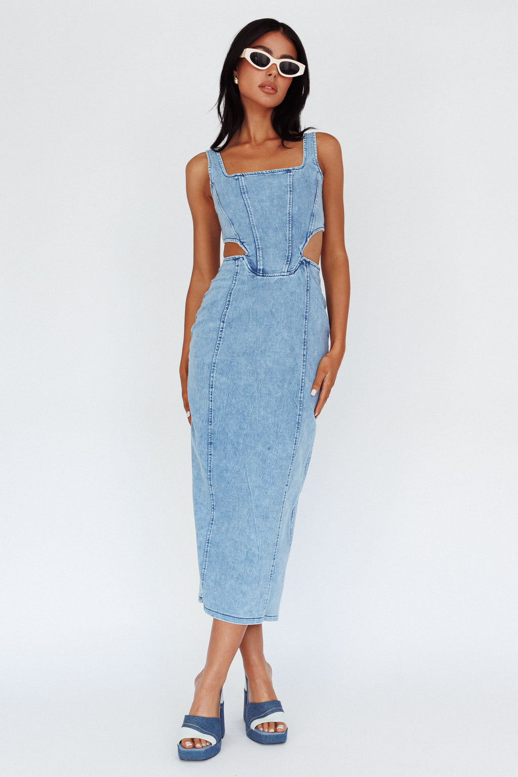 Kainani Cut-Out Waist Midi Dress Denim Blue by Selfie Leslie