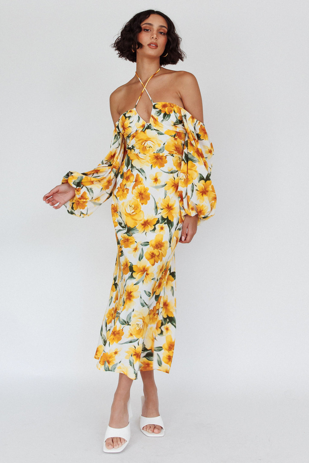 Nyree Long Sleeve Midi Dress Flowers Yellow by Selfie Leslie