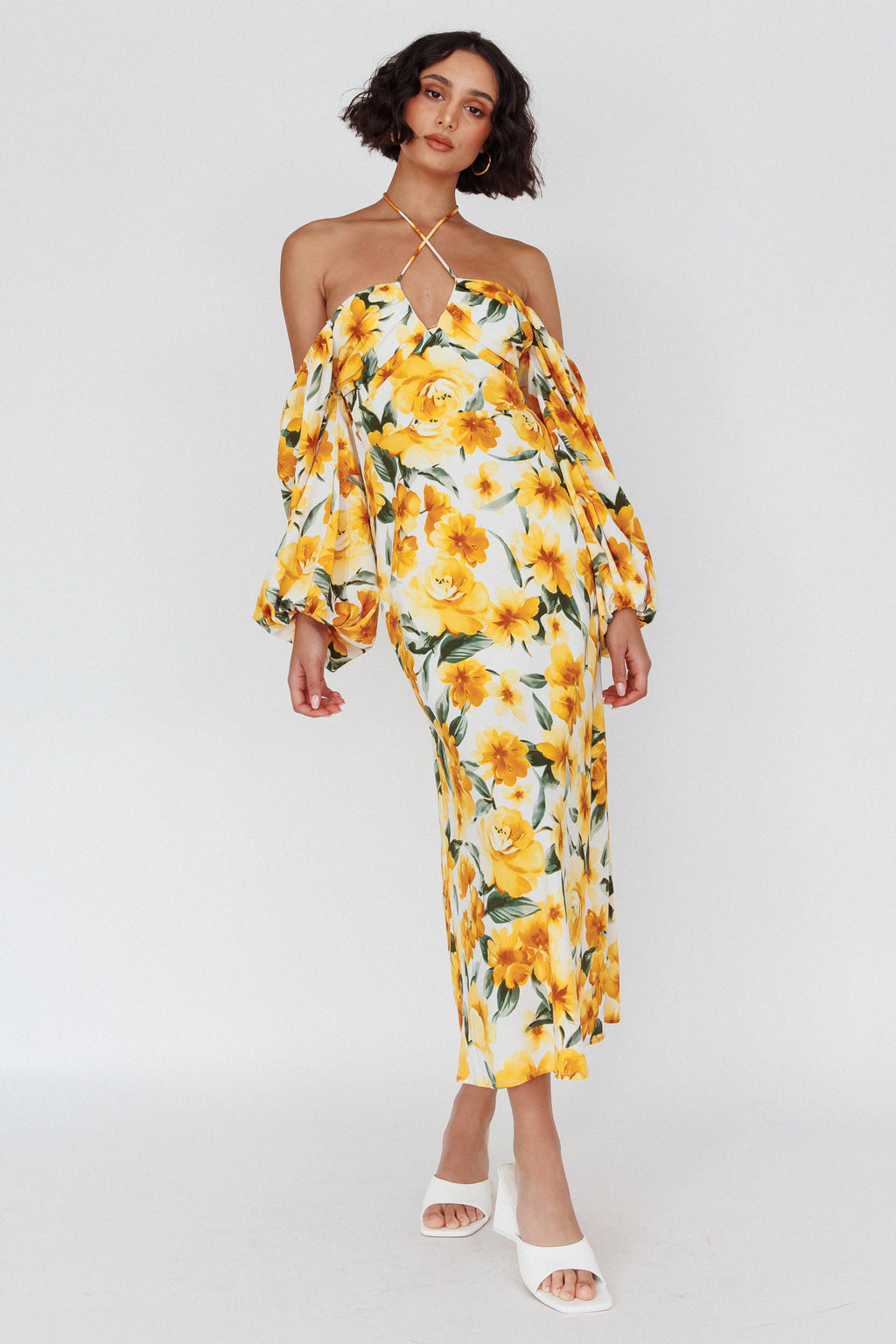 Nyree Long Sleeve Midi Dress Flowers Yellow by Selfie Leslie