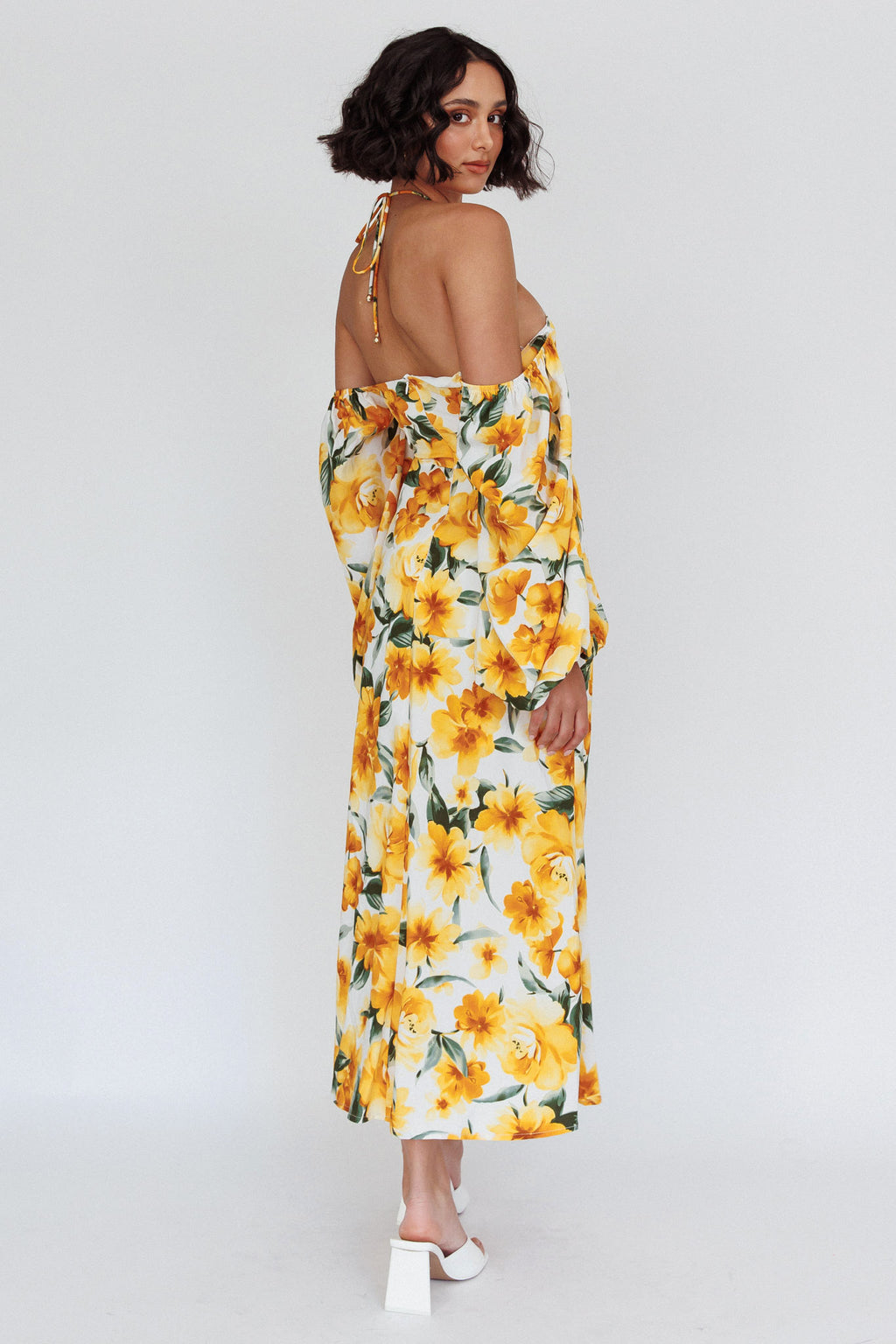 Nyree Long Sleeve Midi Dress Flowers Yellow by Selfie Leslie