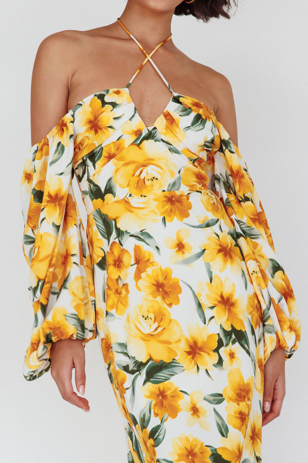 Nyree Long Sleeve Midi Dress Flowers Yellow by Selfie Leslie