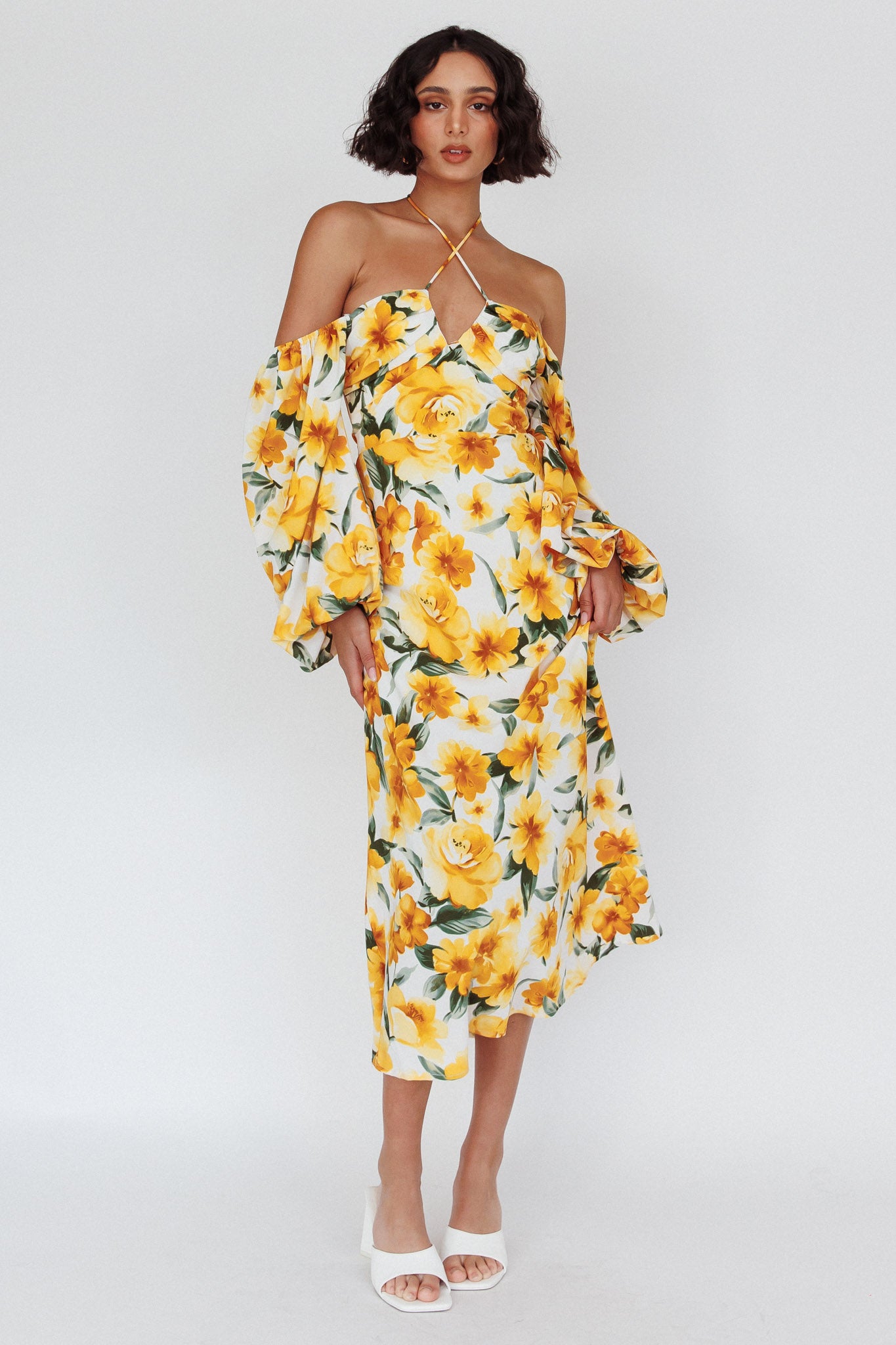 Nyree Long Sleeve Midi Dress Flowers Yellow by Selfie Leslie