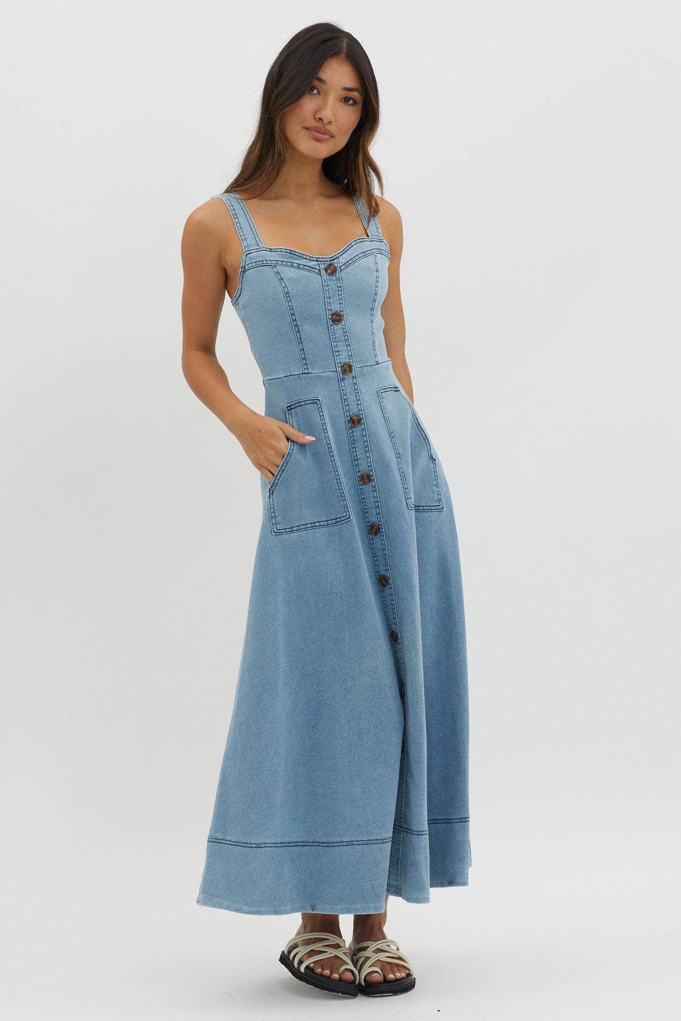 Midi Dress Denim Maxi Dress With Pockets Shop The Laureen Pocket