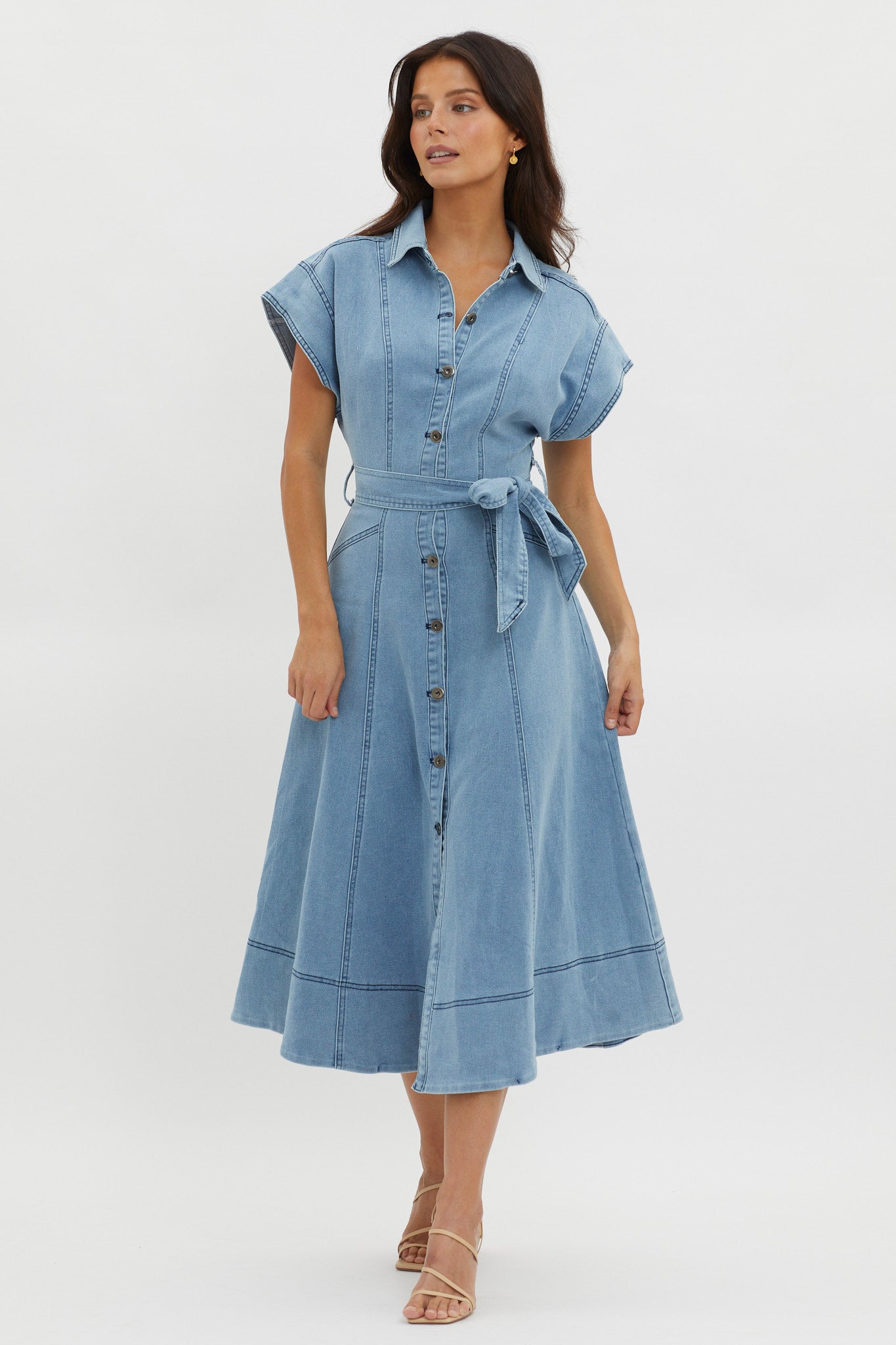 short sleeve midi denim dress women Laureen Short Sleeve Midi Dress Denim Blue