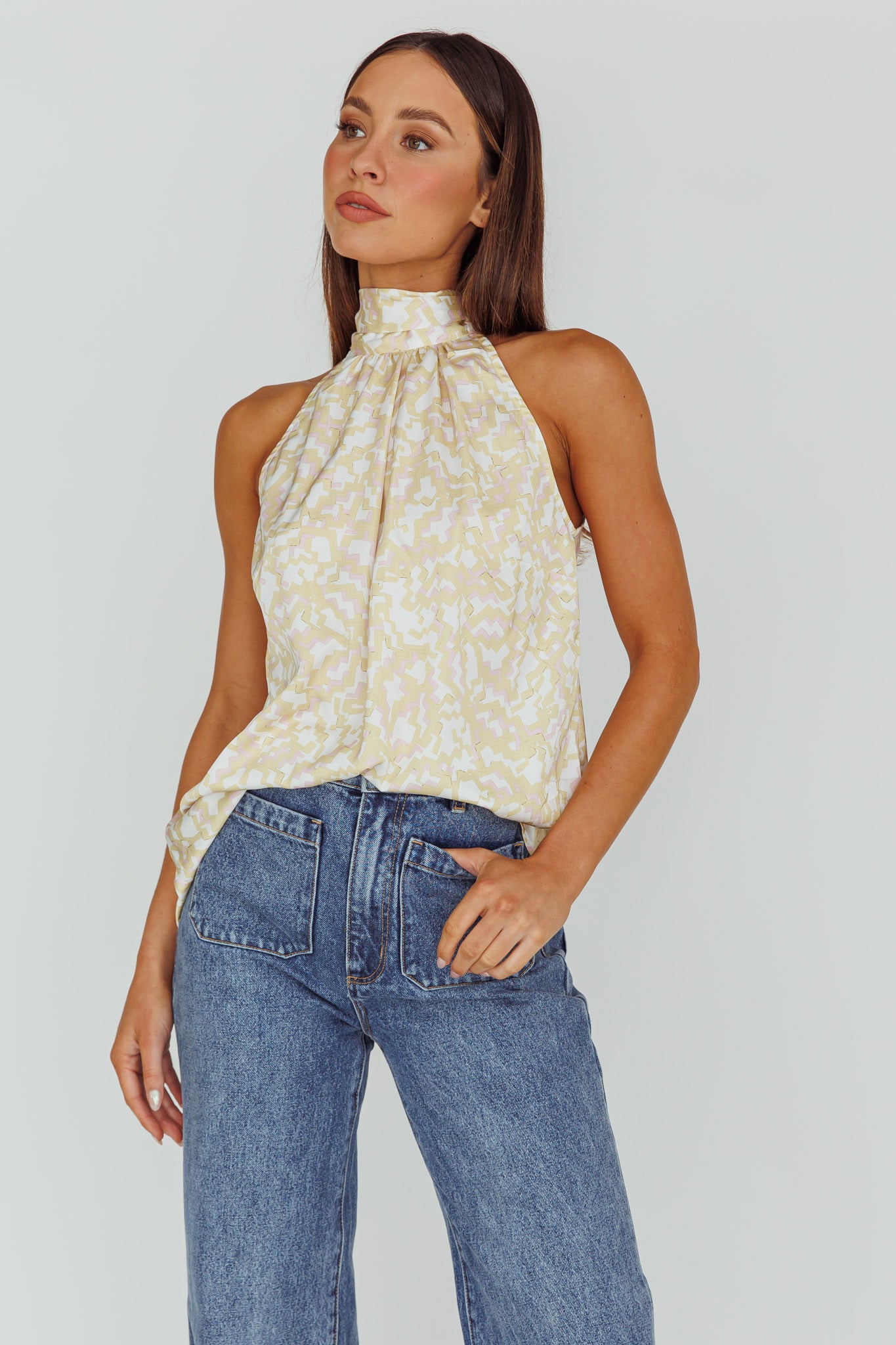 Calisto Sleeveless Tied Neck Top Geometric Yellow by Selfie Leslie
