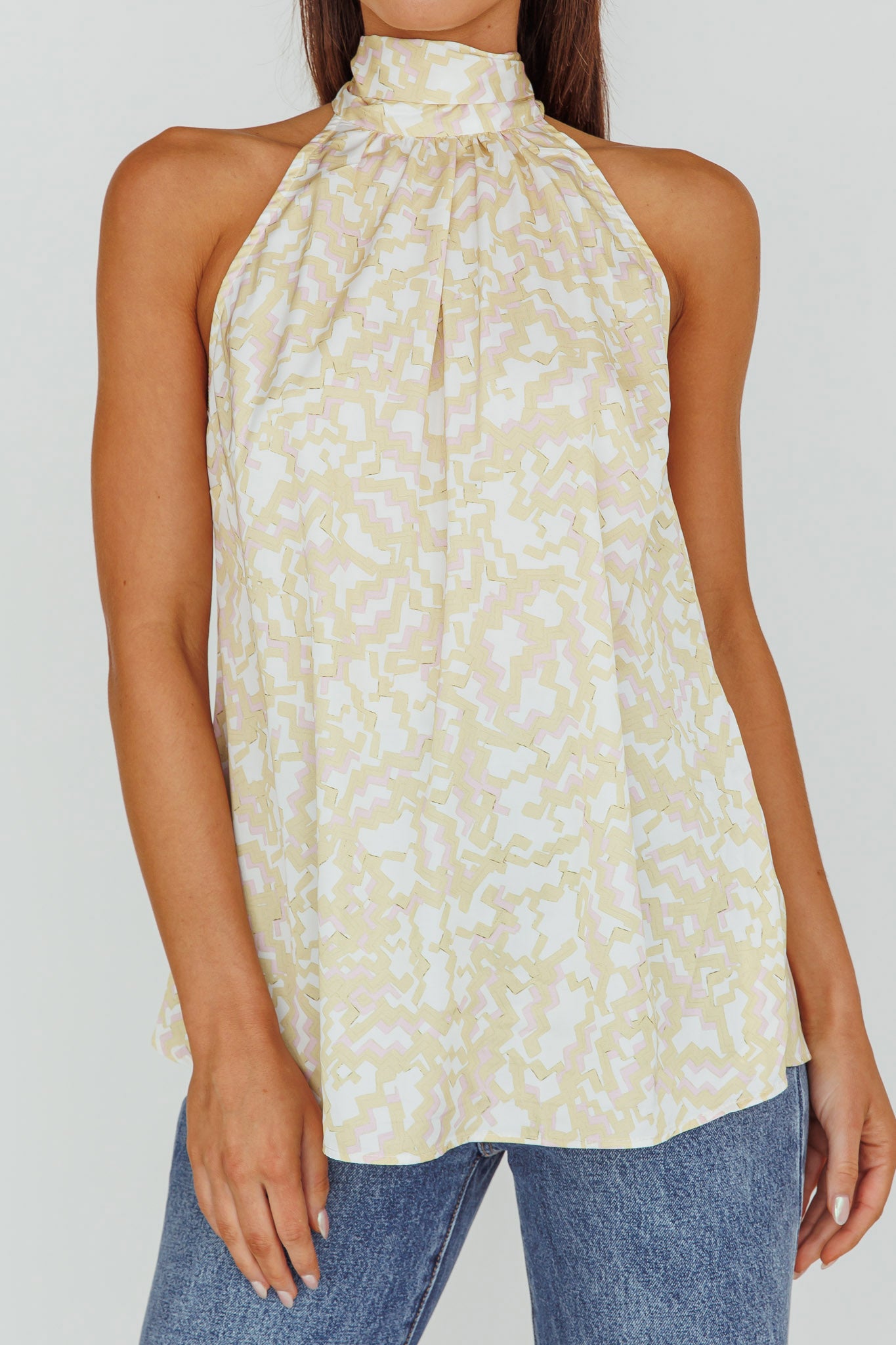 Calisto Sleeveless Tied Neck Top Geometric Yellow by Selfie Leslie