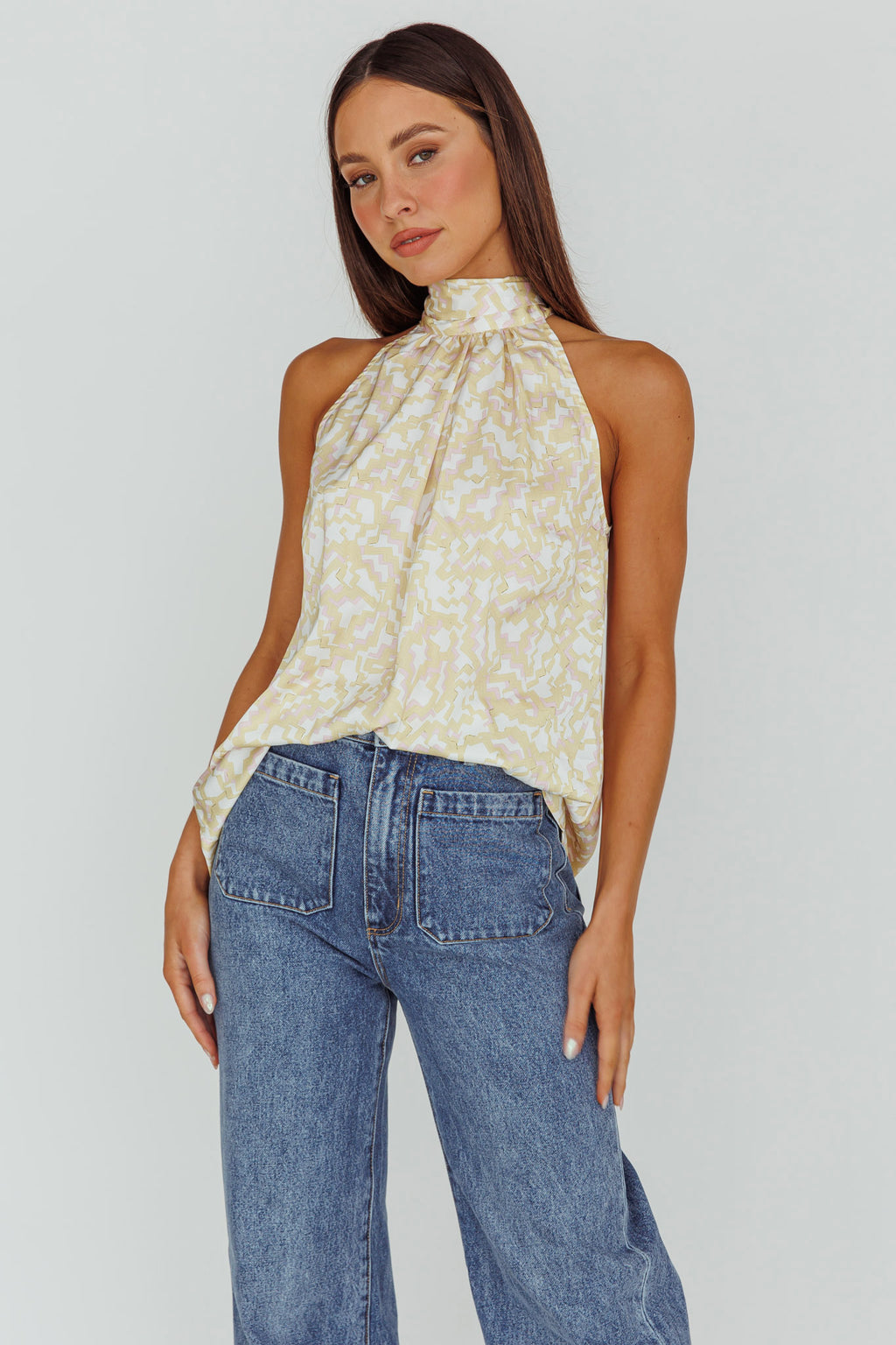 Calisto Sleeveless Tied Neck Top Geometric Yellow by Selfie Leslie