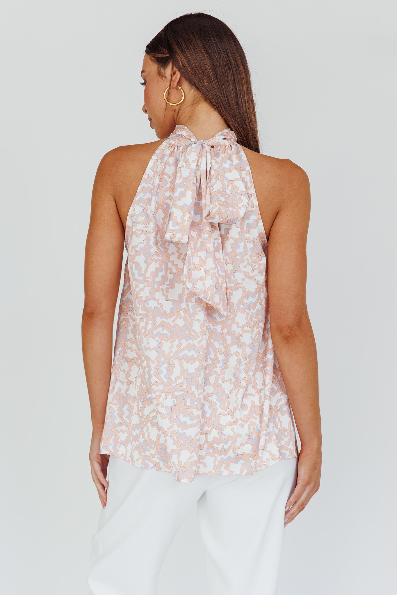 Calisto Sleeveless Tied Neck Top Geometric Apricot by Selfie Leslie