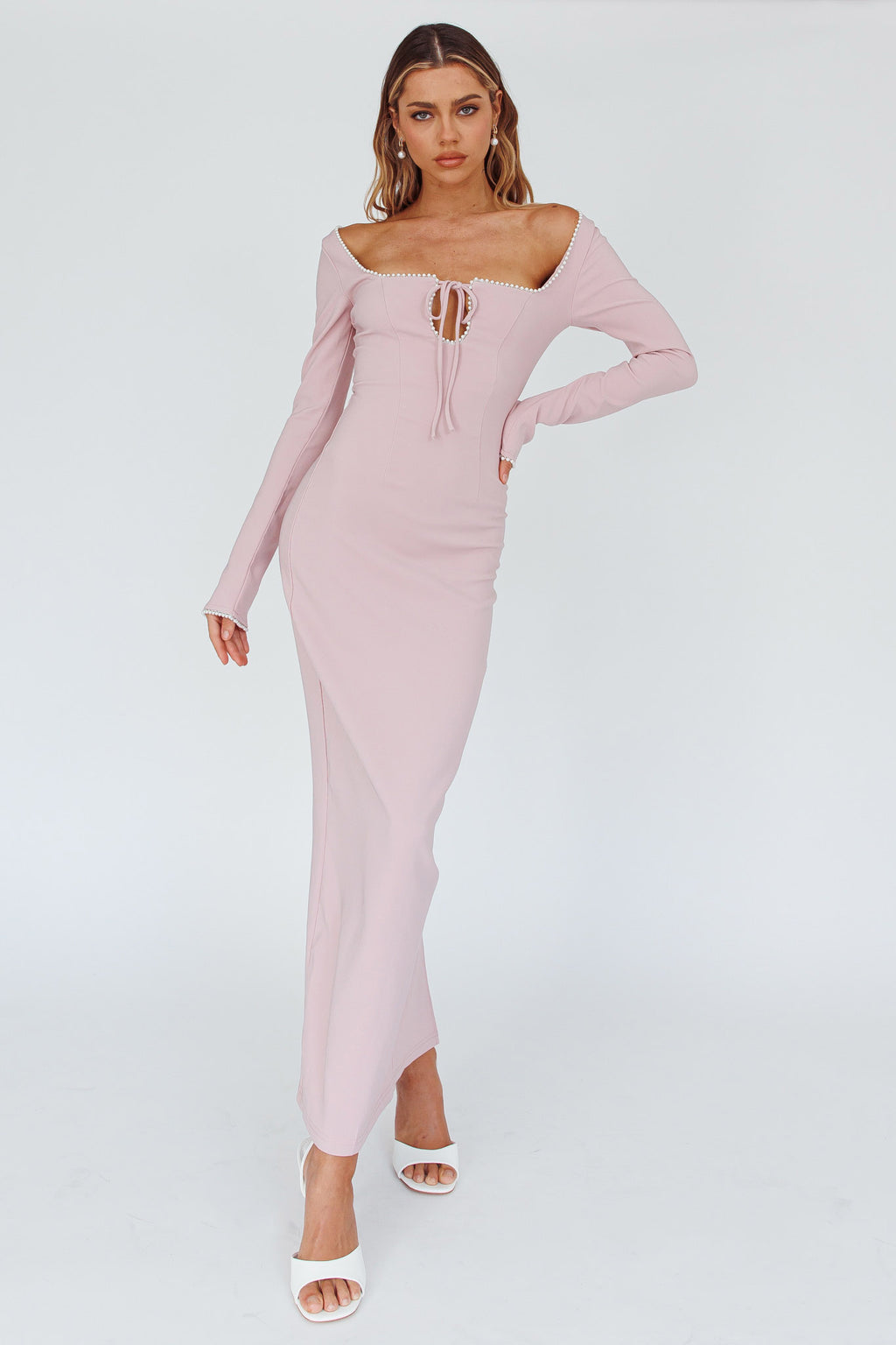 Samantha Pearl Detailing Midi Dress Blush by Selfie Leslie