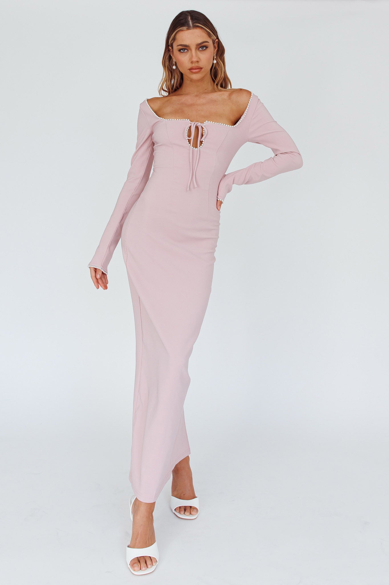 Samantha Pearl Detailing Midi Dress Blush by Selfie Leslie