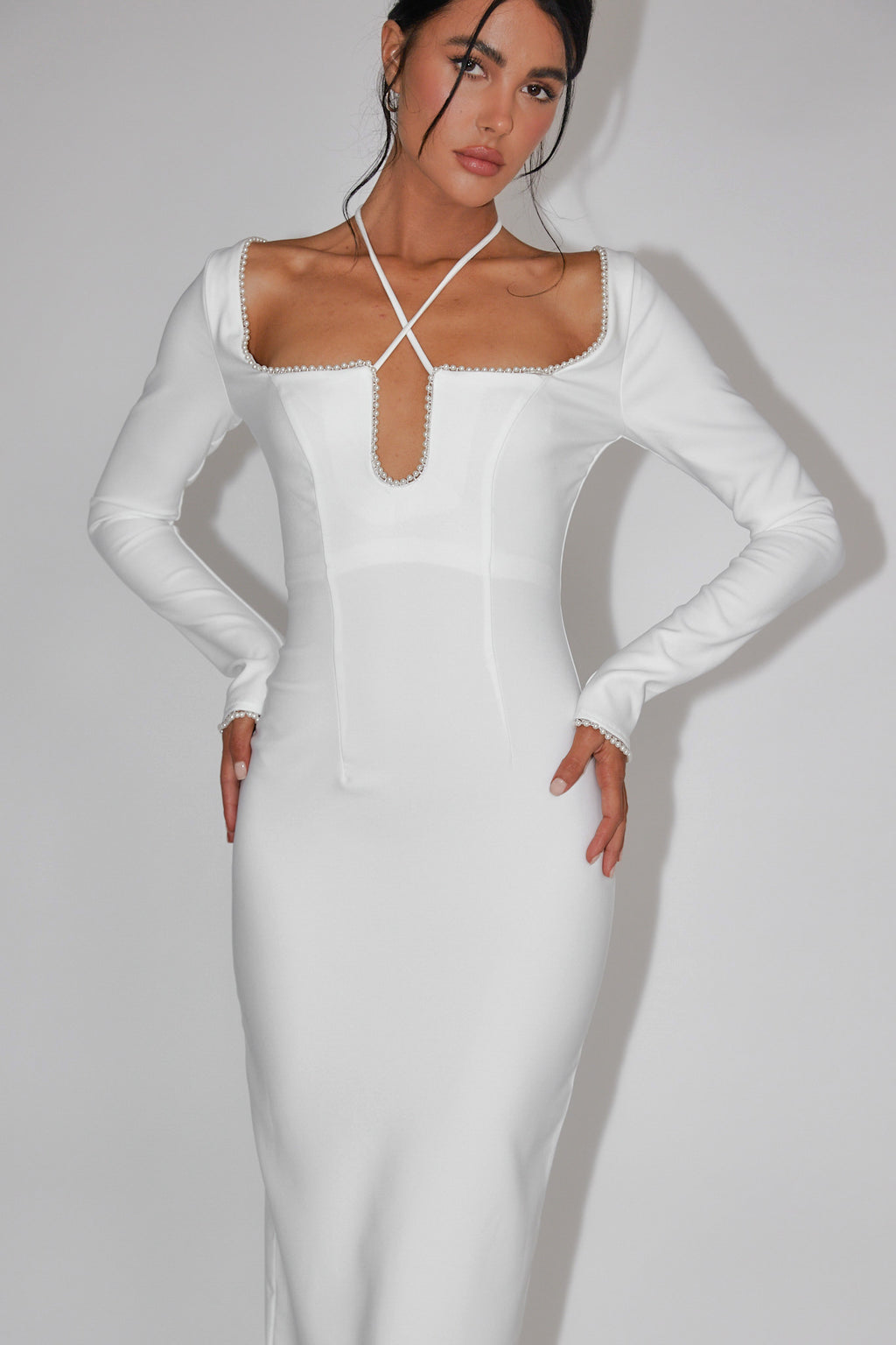 Samantha Pearl Trim Midi Dress White by Selfie Leslie