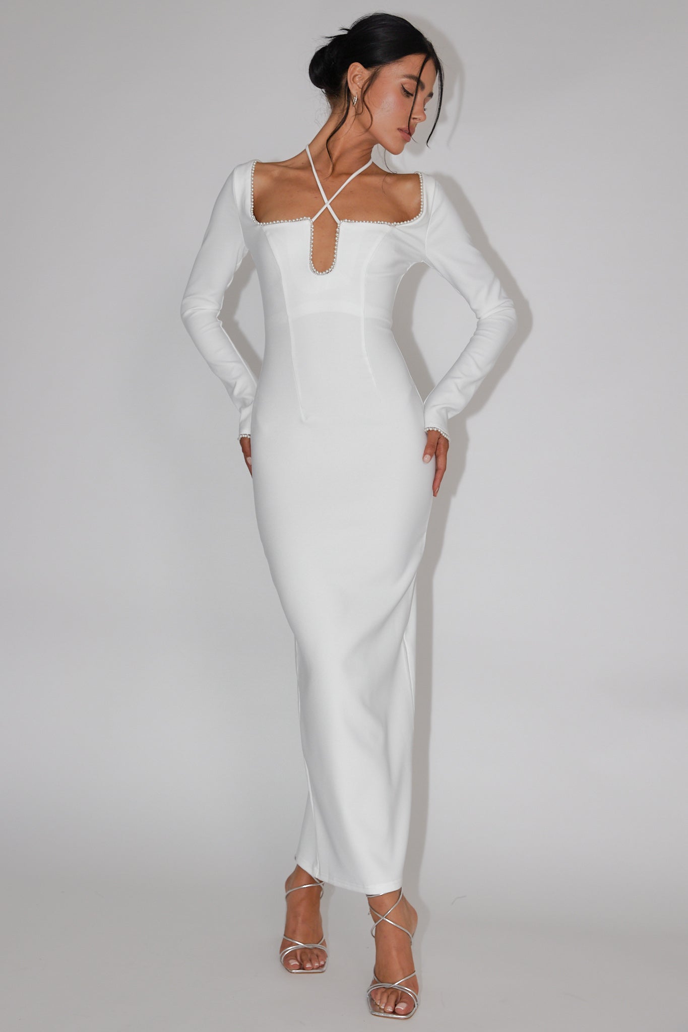 Samantha Pearl Trim Midi Dress White– Selfie Leslie