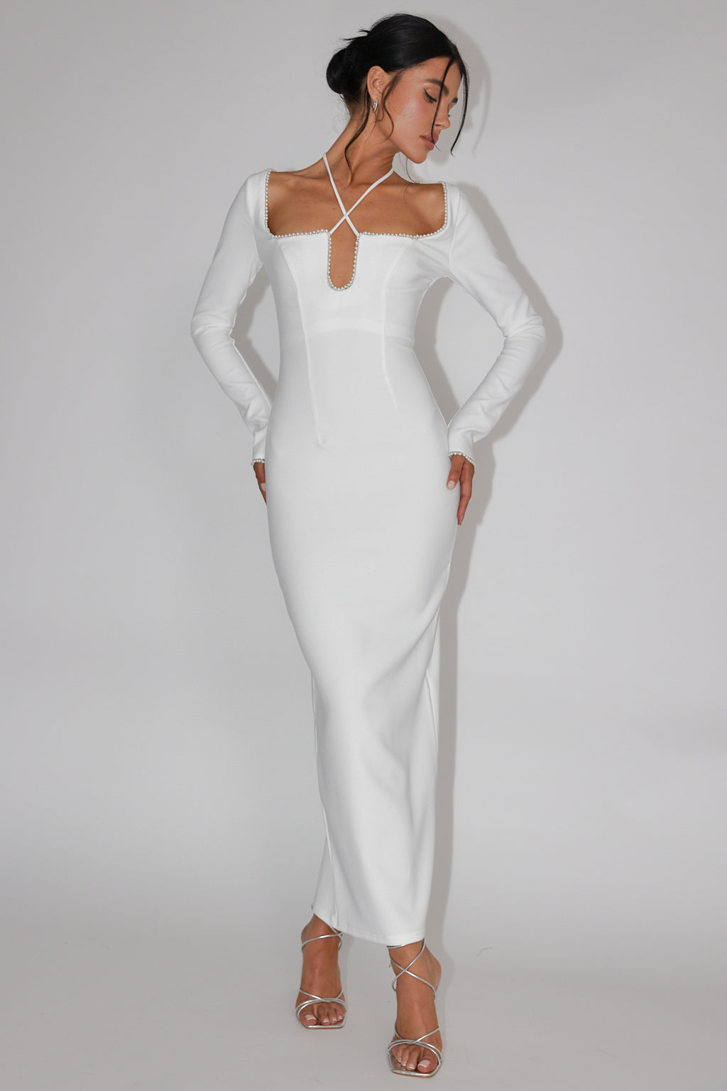 Samantha Pearl Trim Midi Dress White by Selfie Leslie