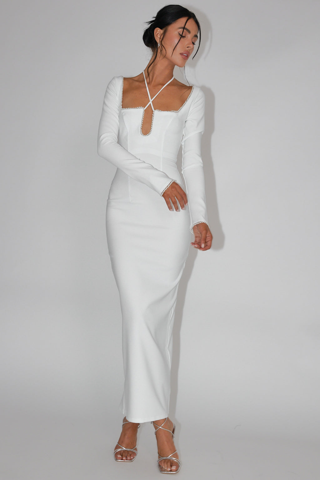 Samantha Pearl Trim Midi Dress White by Selfie Leslie