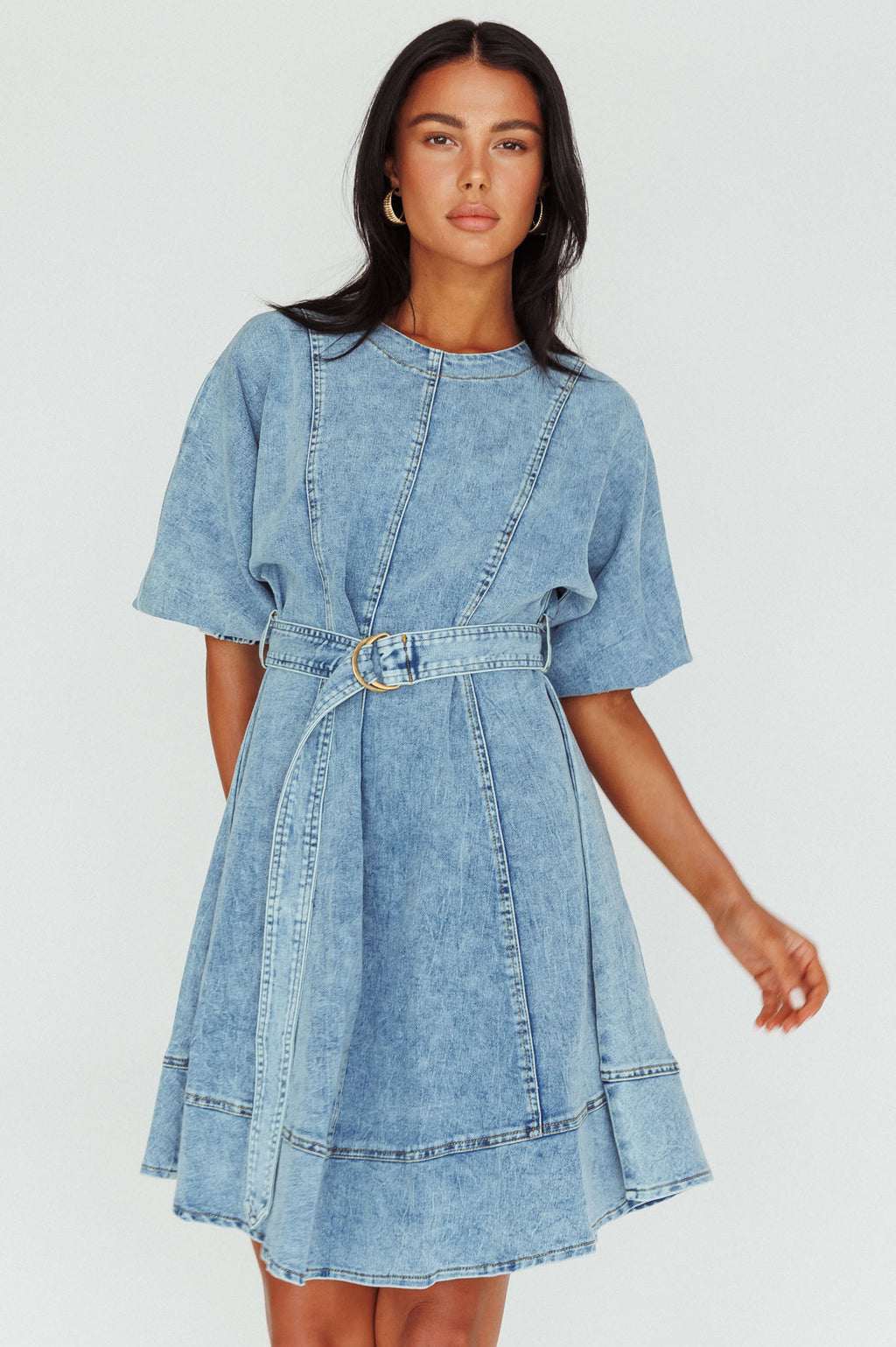 Cadijah Puff Sleeve Belted Mini Dress Denim Blue by Selfie Leslie