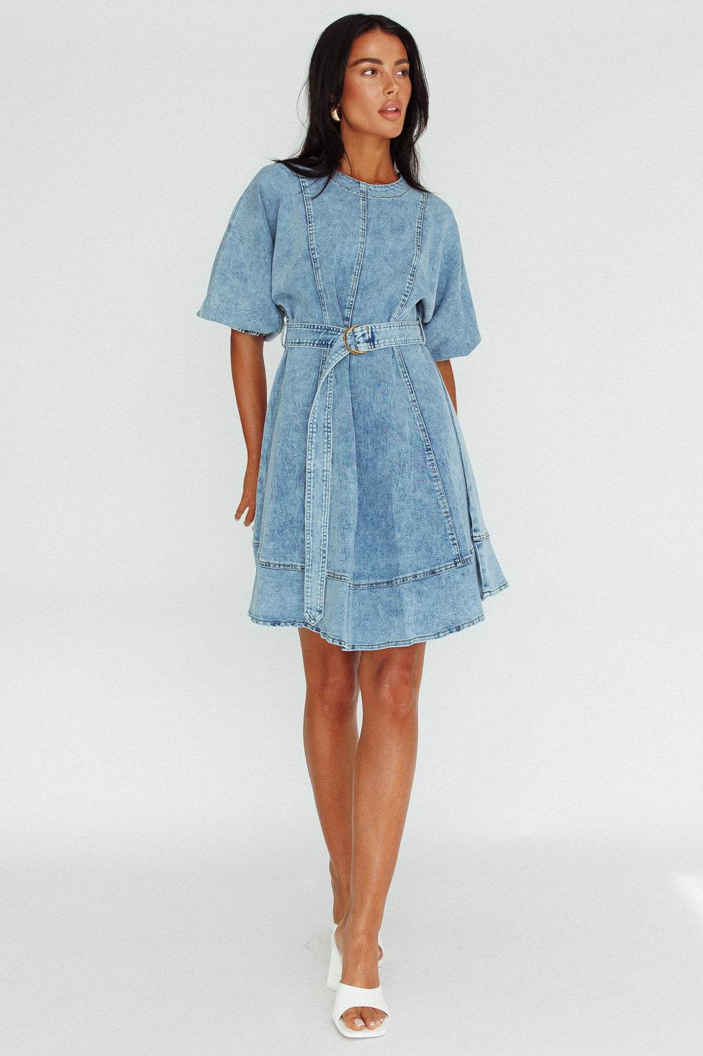 Cadijah Puff Sleeve Belted Mini Dress Denim Blue by Selfie Leslie