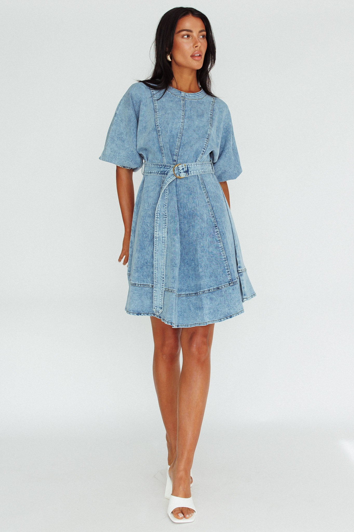 Cadijah Puff Sleeve Belted Mini Dress Denim Blue by Selfie Leslie
