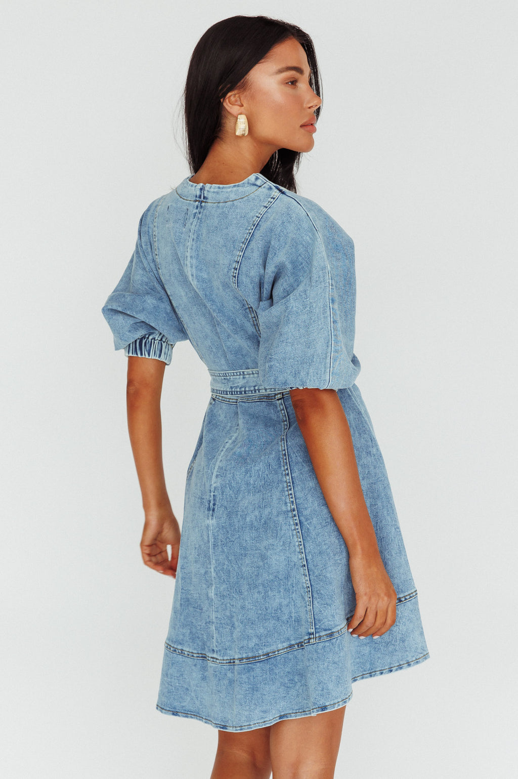 Cadijah Puff Sleeve Belted Mini Dress Denim Blue by Selfie Leslie