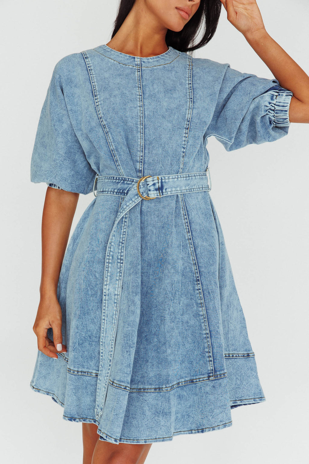 Cadijah Puff Sleeve Belted Mini Dress Denim Blue by Selfie Leslie
