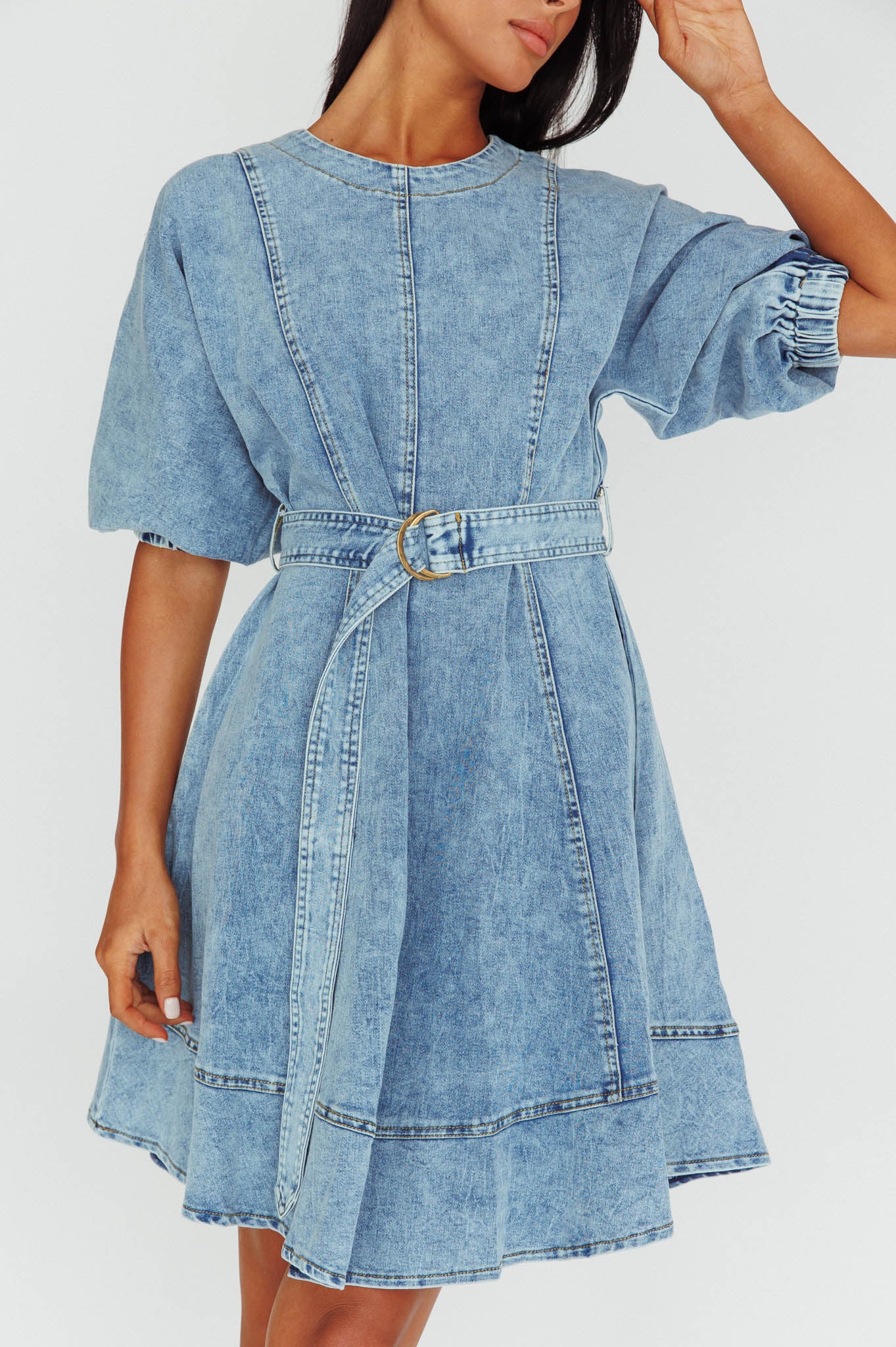 Cadijah Puff Sleeve Belted Mini Dress Denim Blue by Selfie Leslie