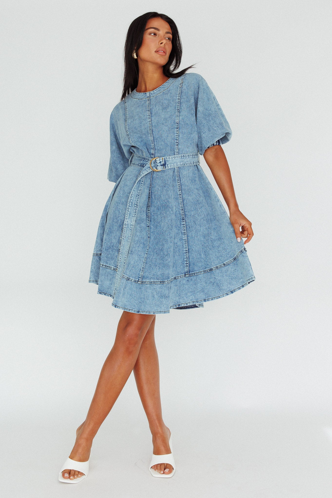 Cadijah Puff Sleeve Belted Mini Dress Denim Blue by Selfie Leslie