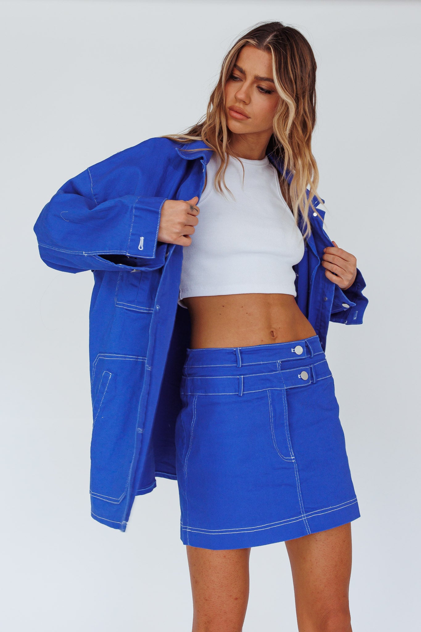 With The Band Accent Stitch Mini Skirt Blue by Selfie Leslie