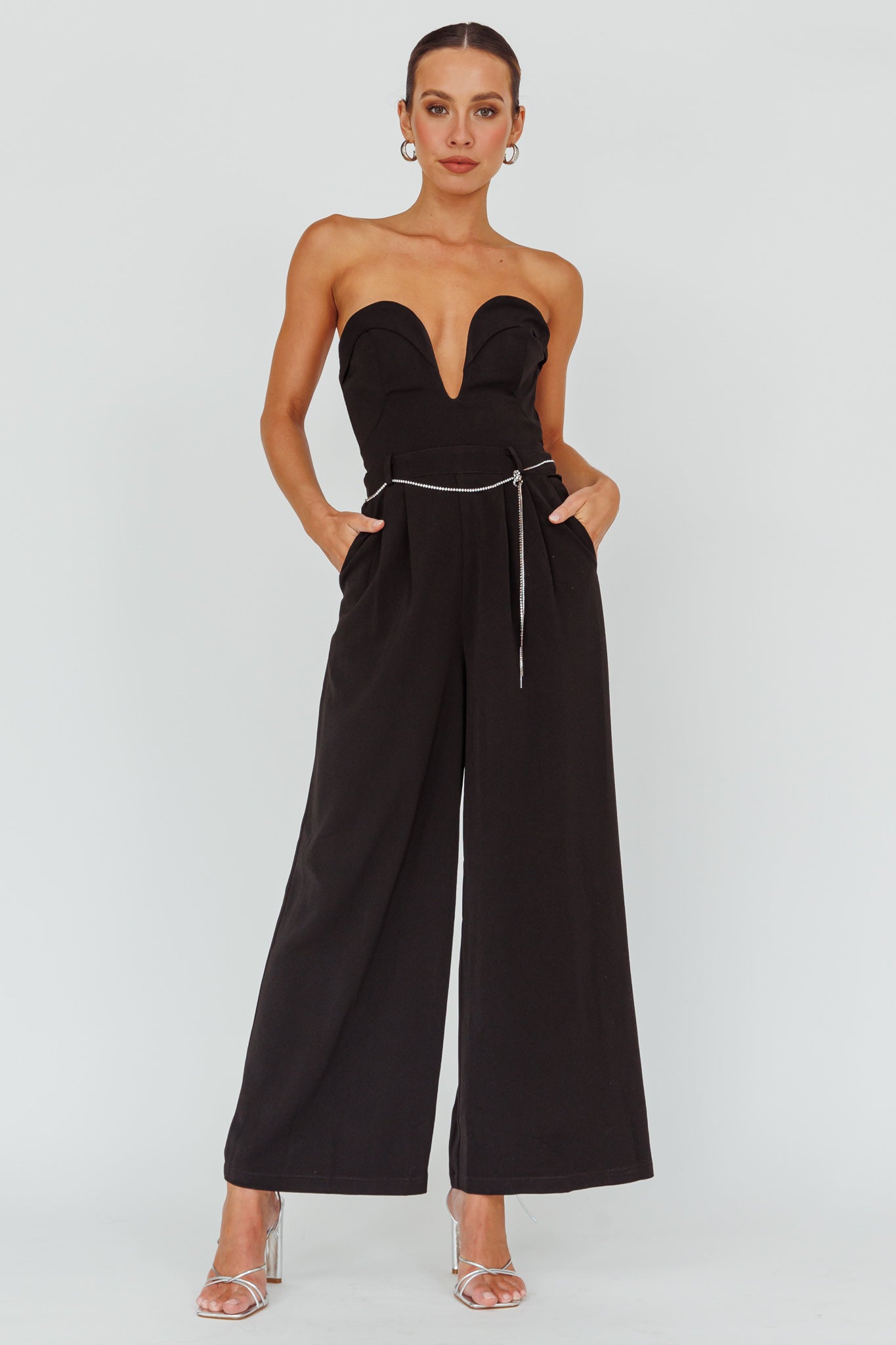 Kayte Strapless Belted Waist Jumpsuit Black by Selfie Leslie