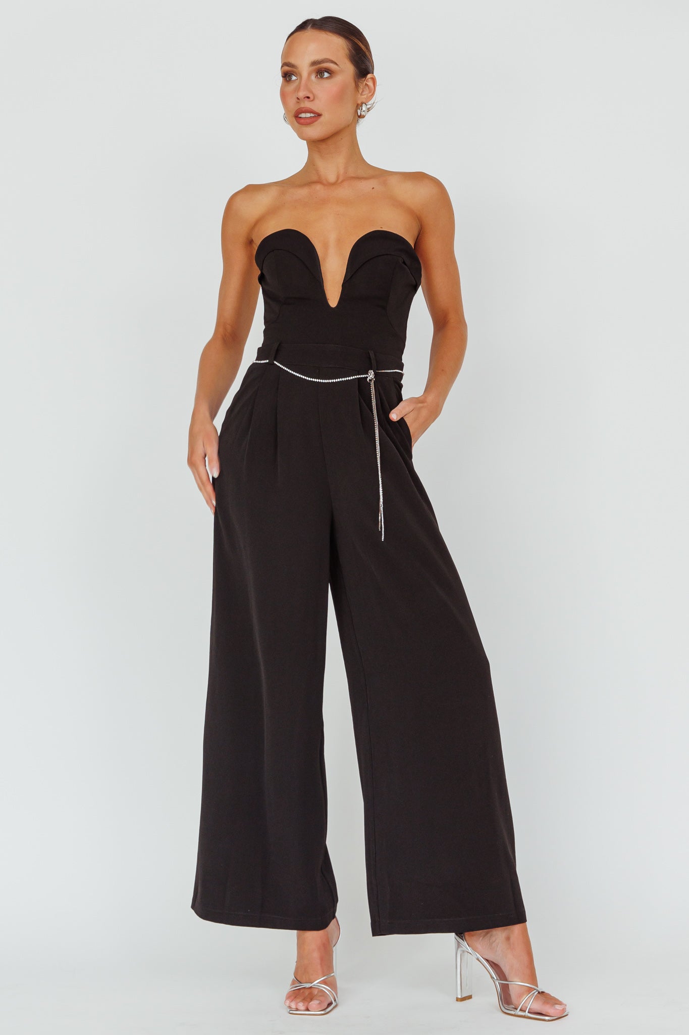 Kayte Strapless Belted Waist Jumpsuit Black by Selfie Leslie
