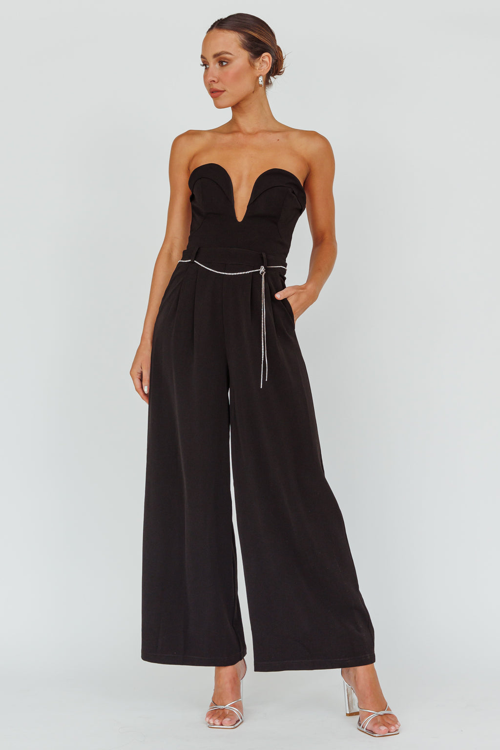 Kayte Strapless Belted Waist Jumpsuit Black by Selfie Leslie