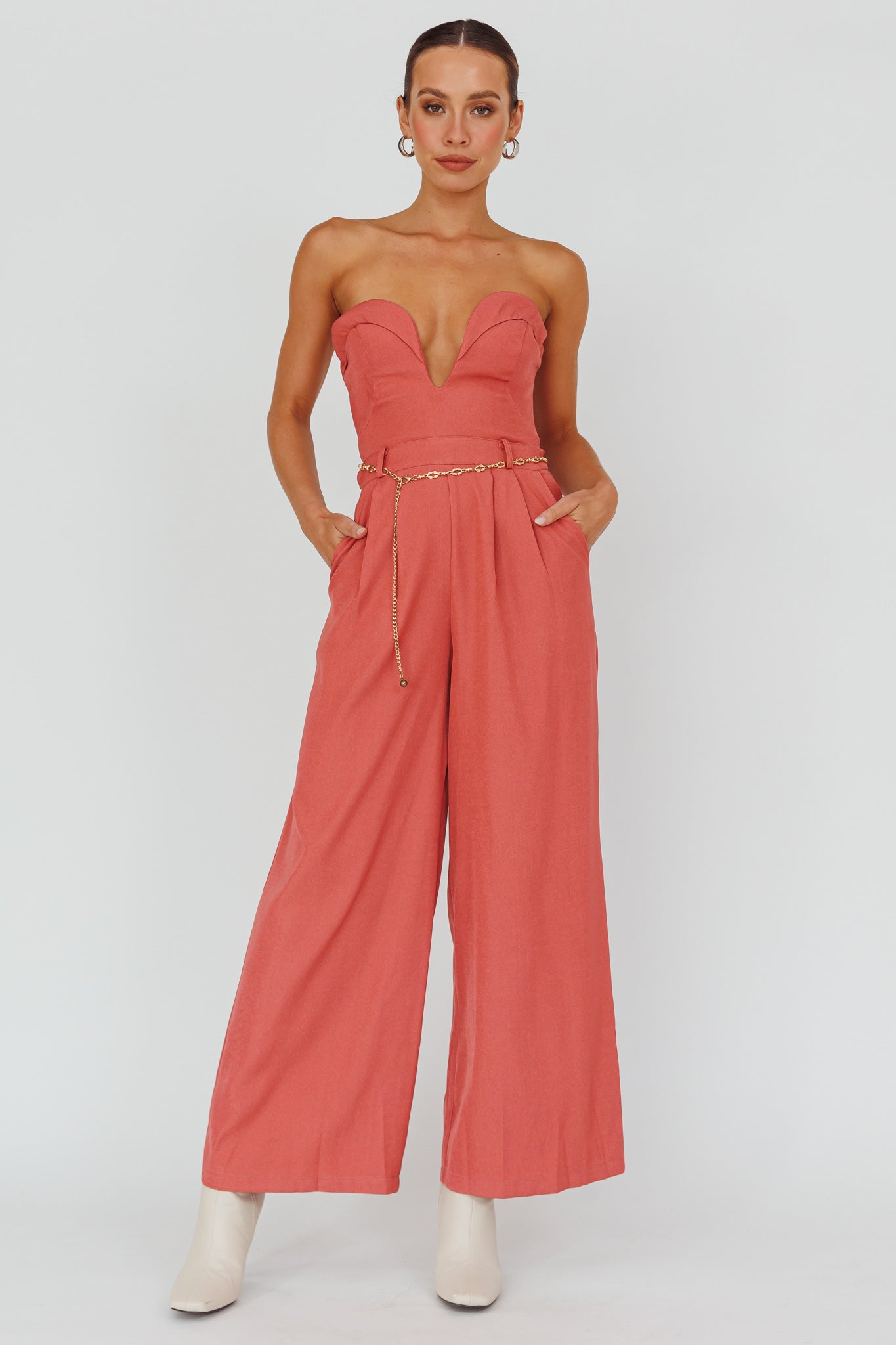 Kayte Strapless Belted Waist Jumpsuit Rose by Selfie Leslie