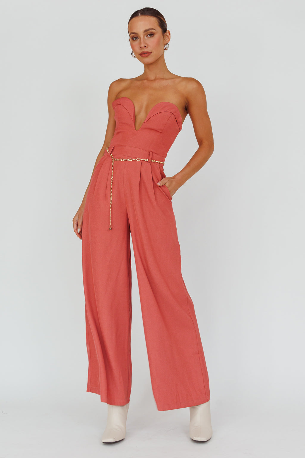 Kayte Strapless Belted Waist Jumpsuit Rose by Selfie Leslie